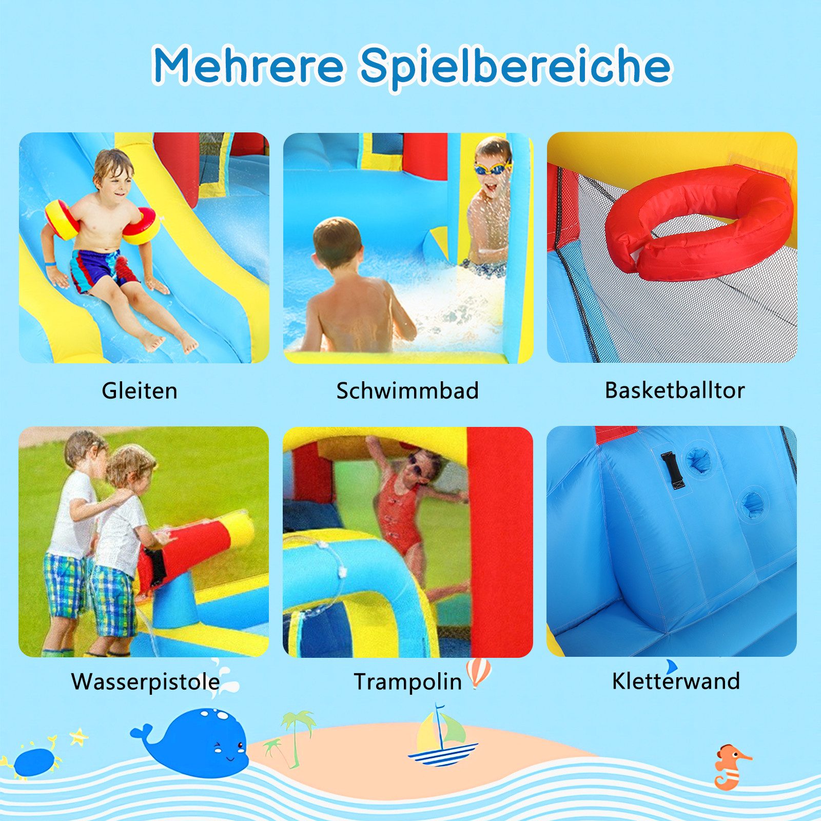 LALAHO Hüpfburg Springburg mit Gebläse,Wasserrutsche,Rutsche, Hüpfbereich, Kletterwand, Spielpool Wasserspielcenter Wasserpark, 465 x 365 x 195cm,für Kinder