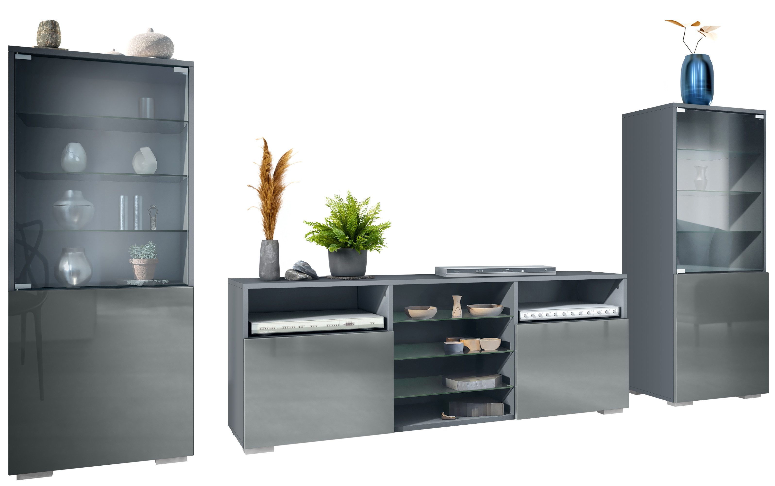 Vladon Wohnwand Granada, (Anbauwand, bestehend aus 2 Vitrinen und 1 TV-Board), Anthrazit matt/Grau Hochglanz (286 x 122,5 x 35 cm)
