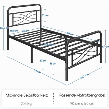 Yaheetech Metallbett, Bettrahmen mit Kopfteil, Bettgestell mit Lattenrost, Jugendbett