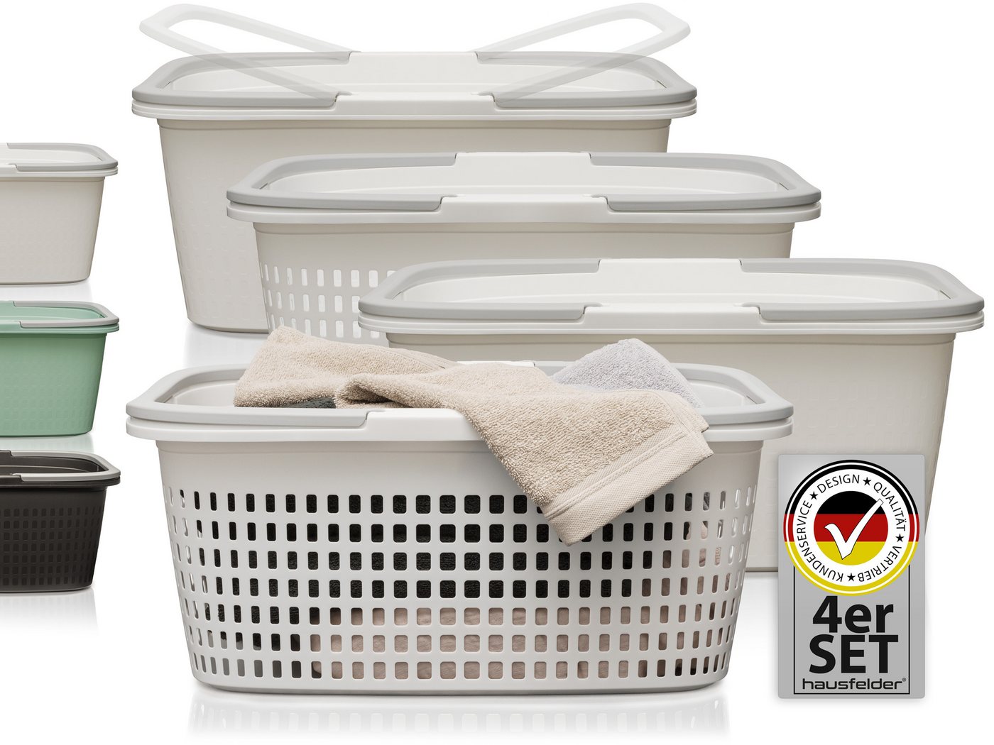 Hausfelder Wäschekorb Wäschewanne 58x37x25cm (Weiß, 2 Körbe + 2 Wannen, 35 l) (Set, 4 St., 1 x Wäschekorb + 1 x Wäschewanne), mit klappbaren Henkeln, mit Griffen, 35 Liter