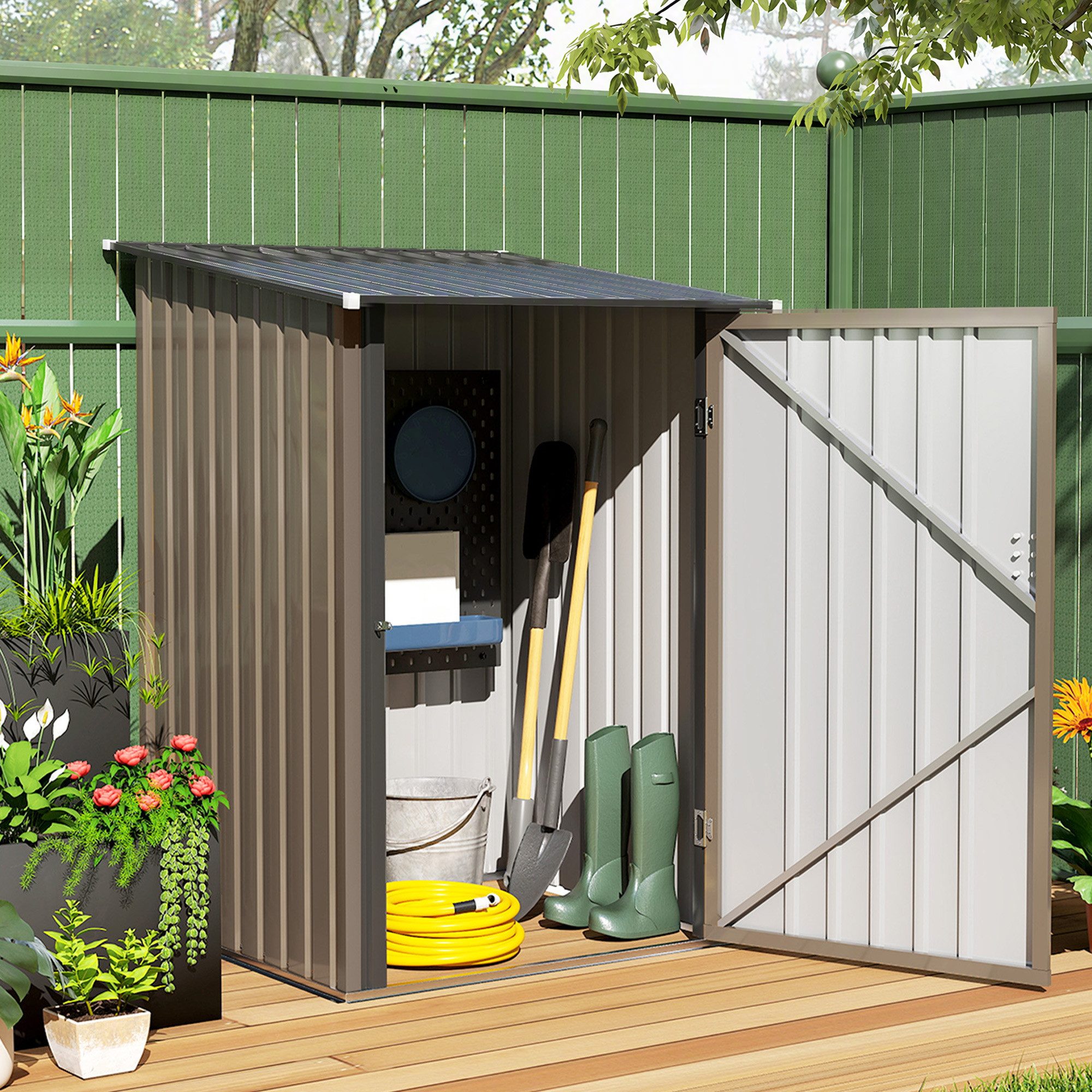Outsunny Gerätehaus Metall 0,92 m² Geräteschuppen mit Pultdach Abschließbarer Tür, BxT: 100x103 cm, (Gartenschrank, 1 St., Geräteschrank), für Garten, Braun