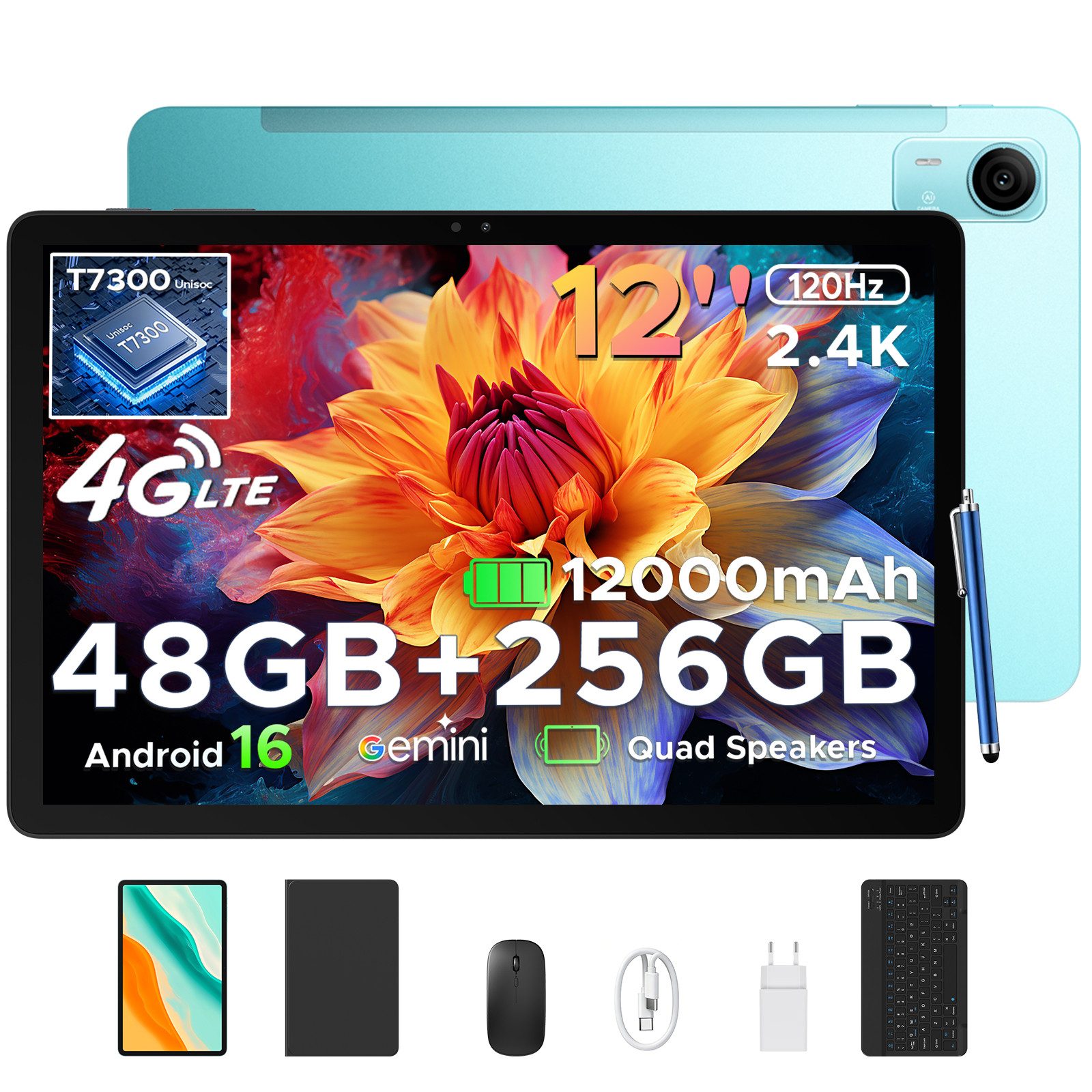POCKAM P12Pro tablet 12 zoll 4G SIM Android 16 Tablet mit Tastatur 12000mAh Tablet (12", Android 16, Wifi, Unisoc T7300 Octa-Core, 13MP+8MP, Face ID, 4G LTE, 12GB+256GB/2TB)