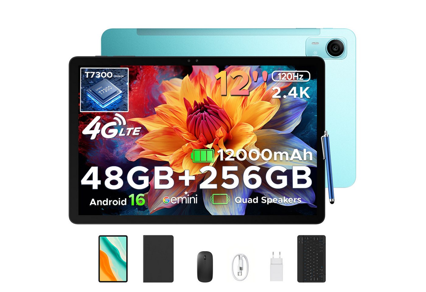 POCKAM P12 Pro tablet 12 zoll 4G SIM Android 16 Tablet mit Tastatur 12000mAh Tablet (12", Android 16, Wifi, Unisoc T7300 Octa-Core, 13MP+8MP, Face ID, 4G LTE, 12GB+256GB/2TB)