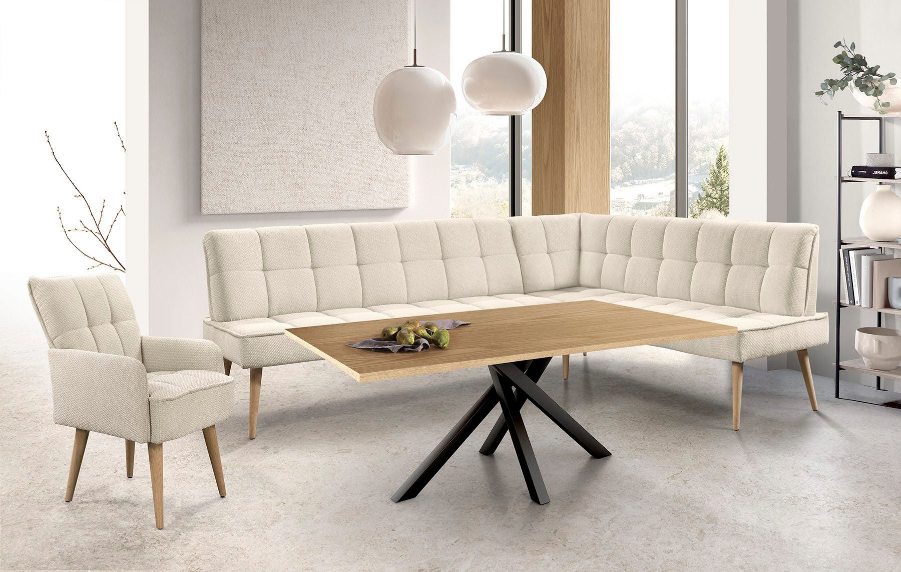 exxpo - sofa fashion Eckbank Latte, moderne Sitz- und Rückensteppung, bequem und elegant, hoher Holzfuß