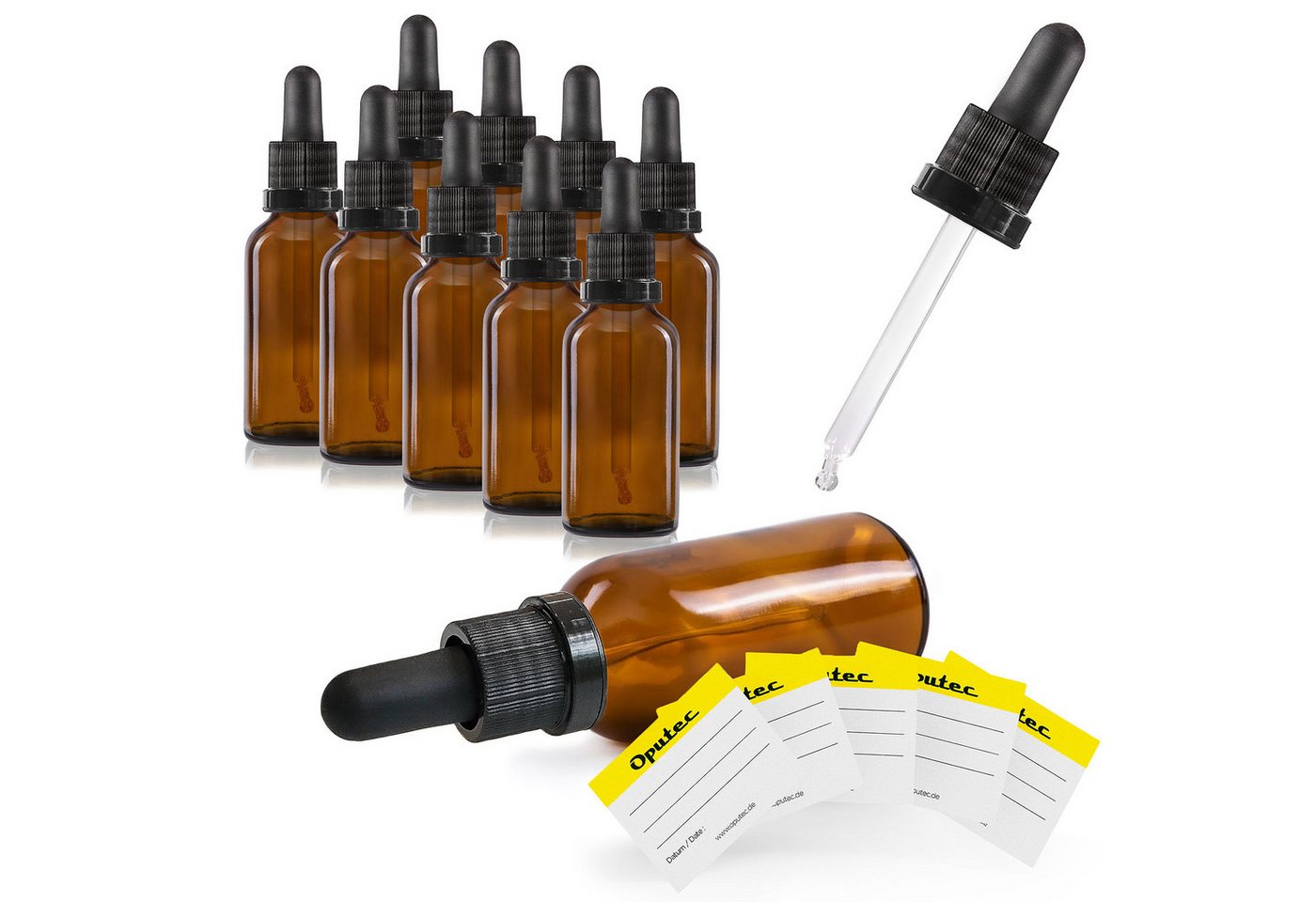 Oputec Pipettenflasche 10 x 30ml Pipettenflasche aus Braunglas mit Glaspipette + 10 Etiketten (Sparset, 10 x 30 ml)