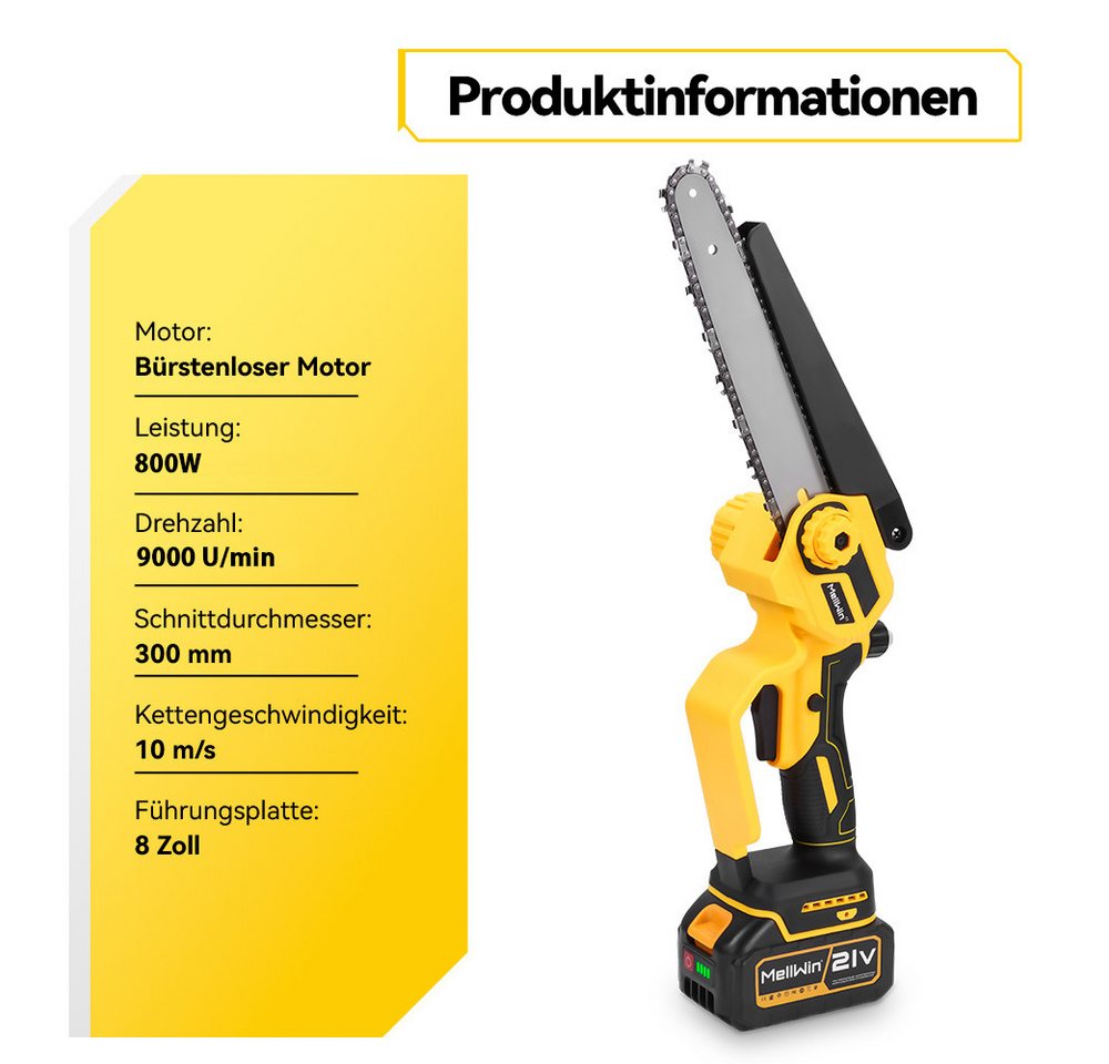 Thumbnail - ONEVAN Akku-Kettensäge 8-Zoll Akku-Kettensäge mit bürstenlosem Motor, Inkl. 2 Akkus für präzises Gartenschneiden