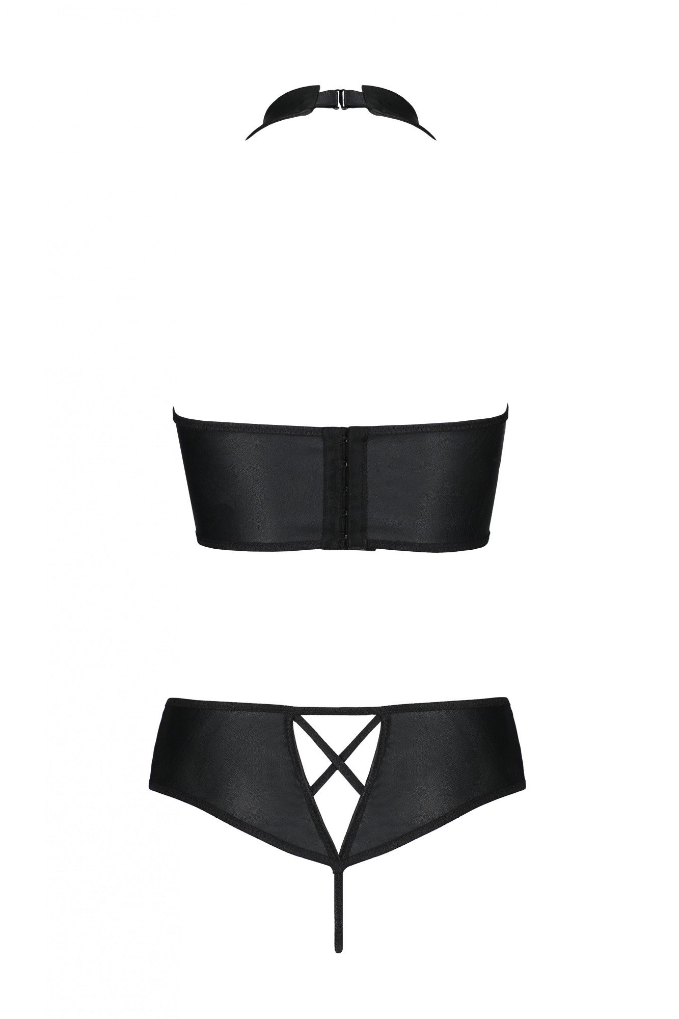 Passion Dessous Set: Dekolleté-BH Schwarzes Damen Dessous Set Neckholder BH Top und Slip aus Kunstleder
