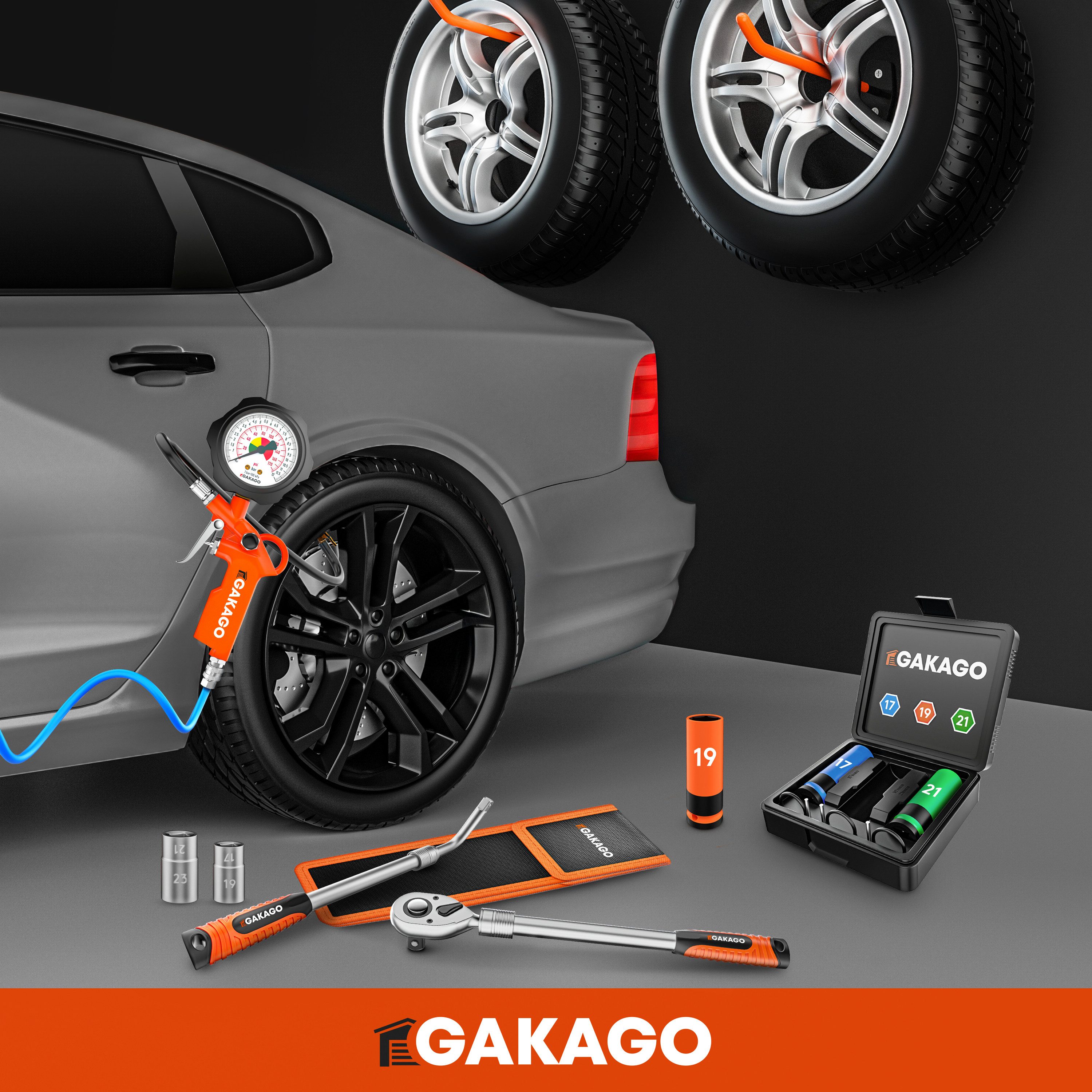 Gakago Tire Inflator - Precise tire pressure inflator with high-quality, max. 12 bar, compressed air pressure gauge, - Extra long 45cm tire inflation hose, - Versatile tire pressure tester for cars, trucks, bicycles and more.