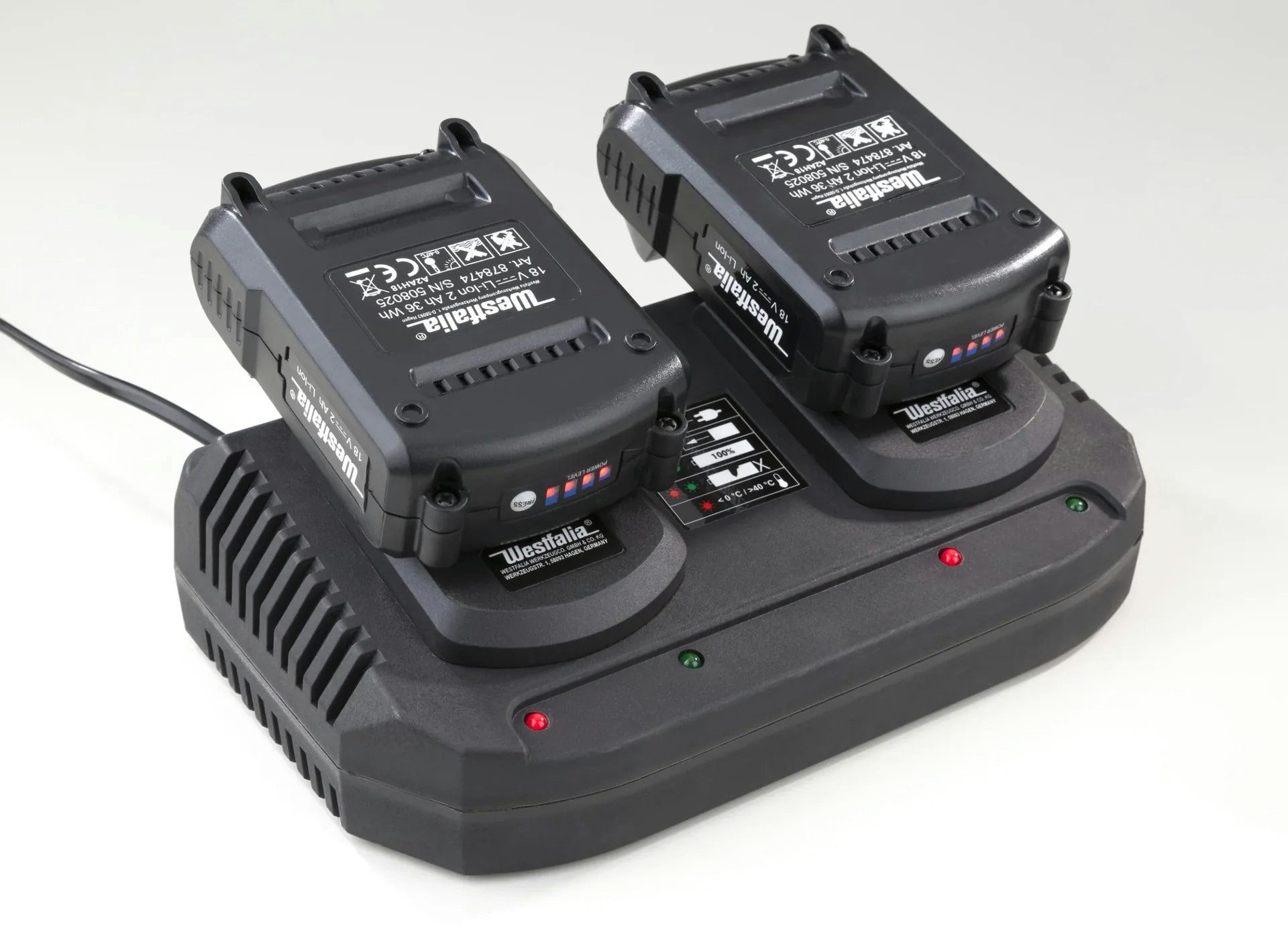 Westfalia Werkzeug Akku-Set 2 x 18 Volt Akku 2 Ah + 1 x Doppel - Schnellladegerät Werkzeug-Akku-Ladetechnik