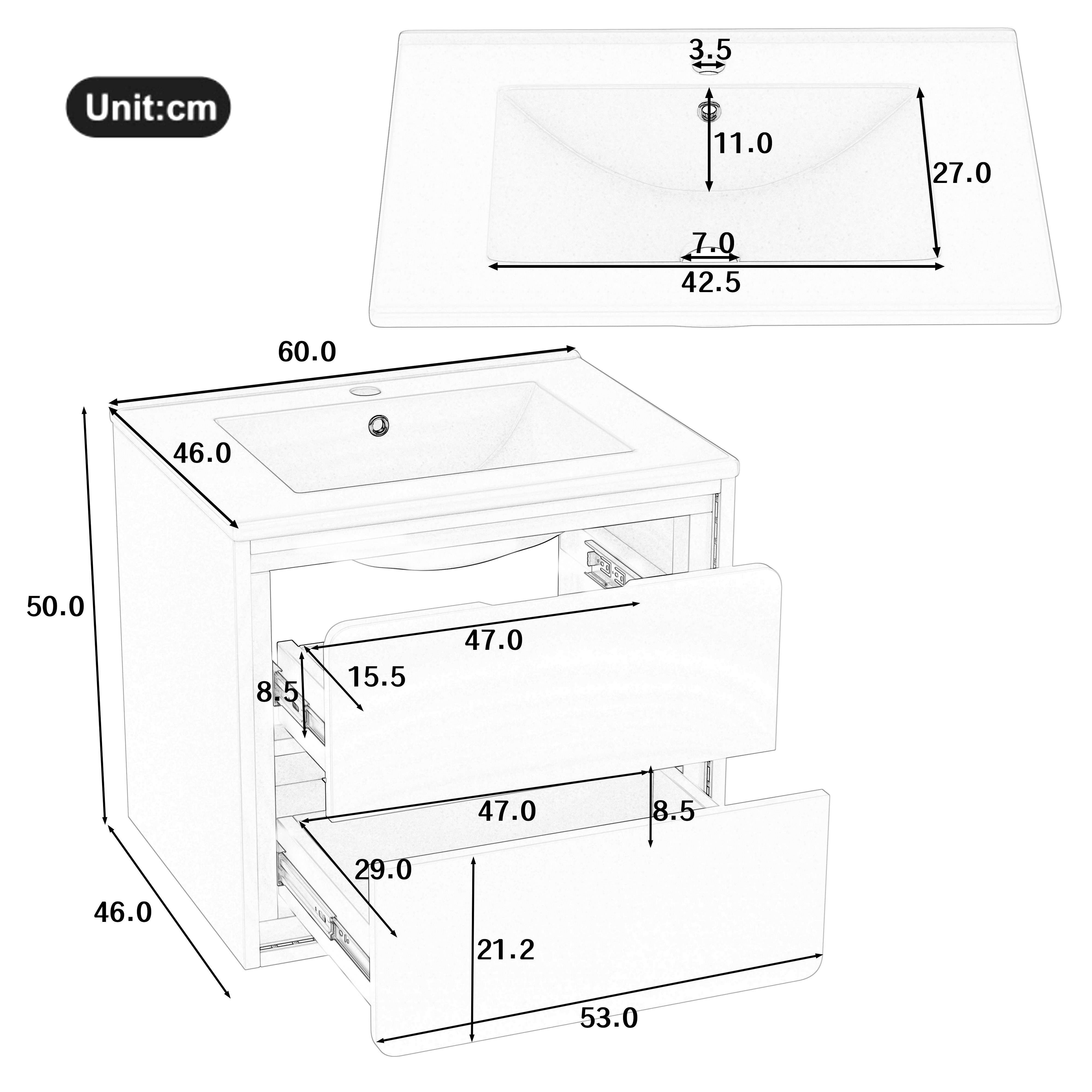 Flieks vanity unit with LED radar sensor including washbasin (wall-mounted, bathroom cabinet fully lacquered, 1-piece, W60/D46/H50 cm), bathroom furniture washbasin area with 2 drawers and LED lighting white