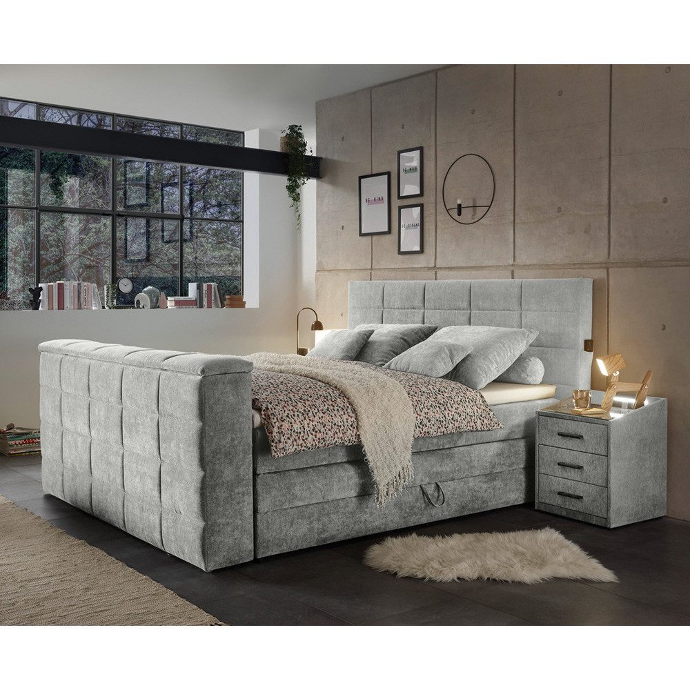 Lomadox Boxspringbett DURAZNO-09, 180x200cm, in schlamm, TV-Halterung, Bettkasten, 2 Nachtschränke