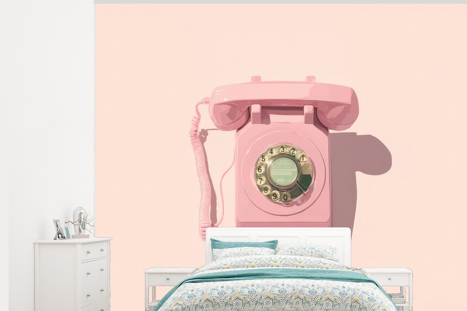 MuchoWow Fototapete Drehbares Telefon - Retro - Rosa, Matt, bedruckt, Montagefertig Vinyl Tapete, Wandtapete, 325x260 cm