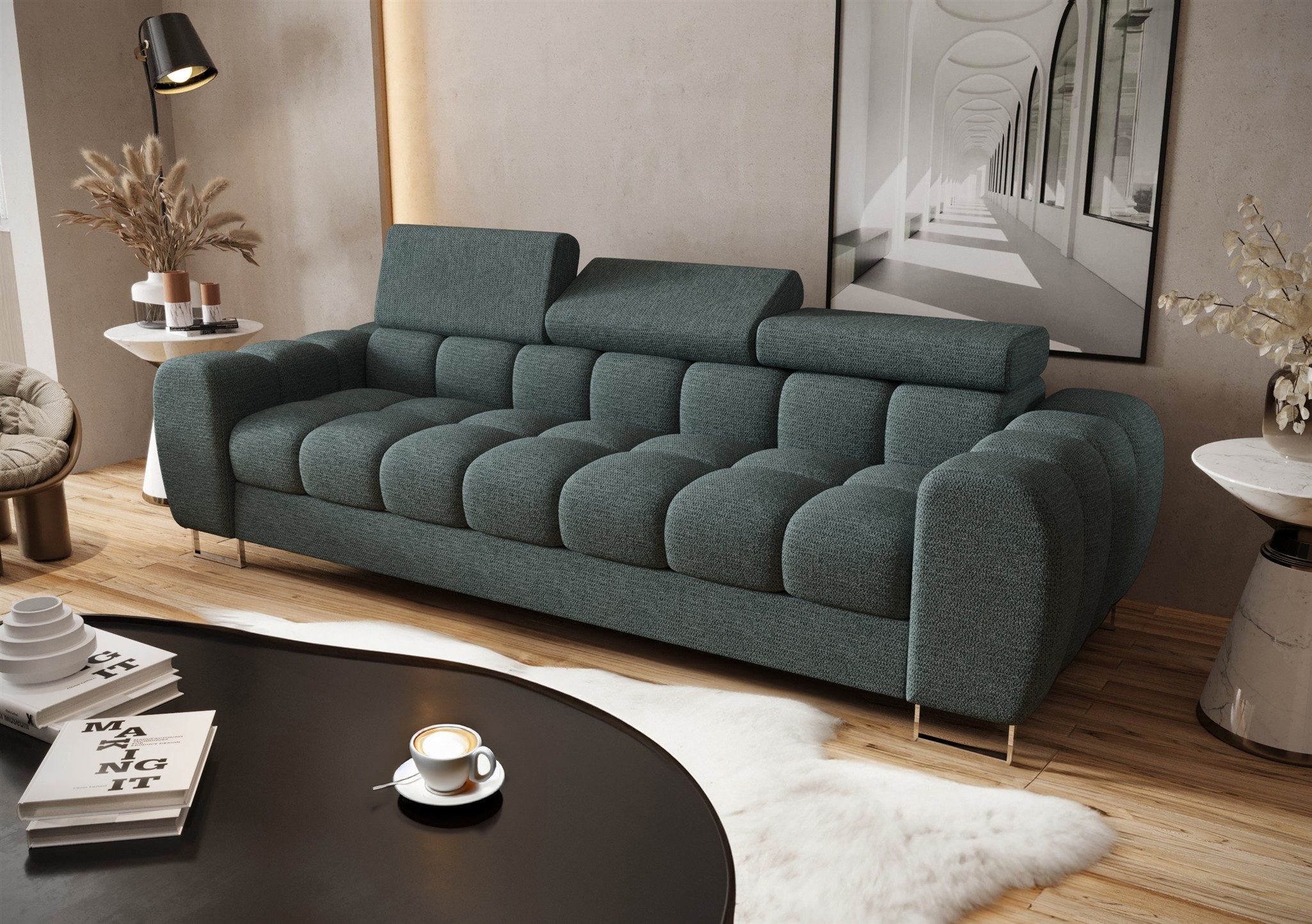 Fun Möbel 3-Sitzer Designersofa Sofa BASTIEN in Stoff, mit 3 einstellbaren Kopfstützen, Rundumbezug