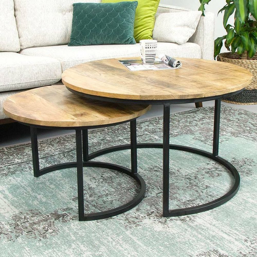 Couchcenter Couchtisch 2er Set Couchtisch Mangoholz rund Metall Mango Satzt günstig online kaufen