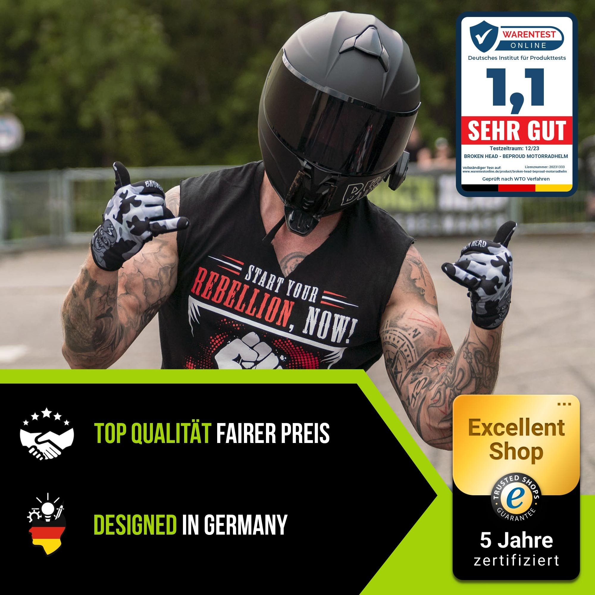 Broken Head Motorradhelm BeProud Sport Black (Mit Schwarzem Visier), Hochwertiges Design