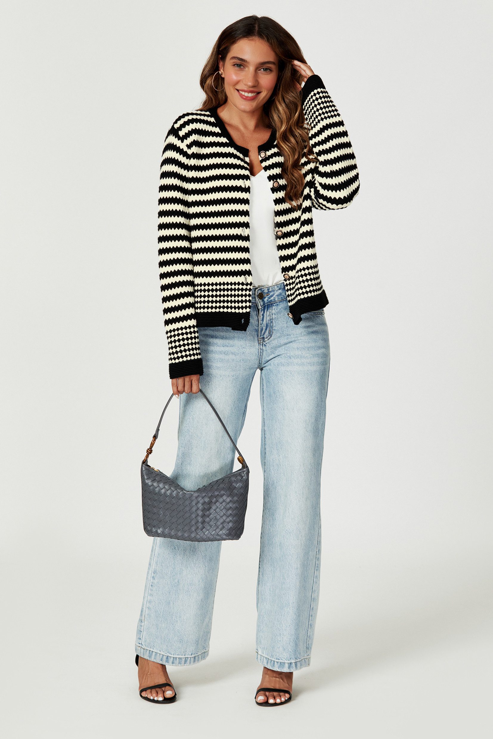 FS Collection Cardigan Damen Strickjacke Cardigan Schwarz-Weiß mit Geomuster – Strickwaren (Einheitsgröße UK 8–16 / EU 36–44) 56 % Viskose, 26 % Polyester, 18 % Wolle