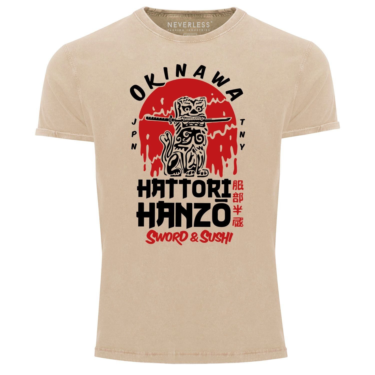 Look Hattori Okinawa Design Schriftzeichen Superior mit Sword Print Used Hanzo Neverless Neverless® Japan Shirt natur and Sushi Print-Shirt Herren Vintage