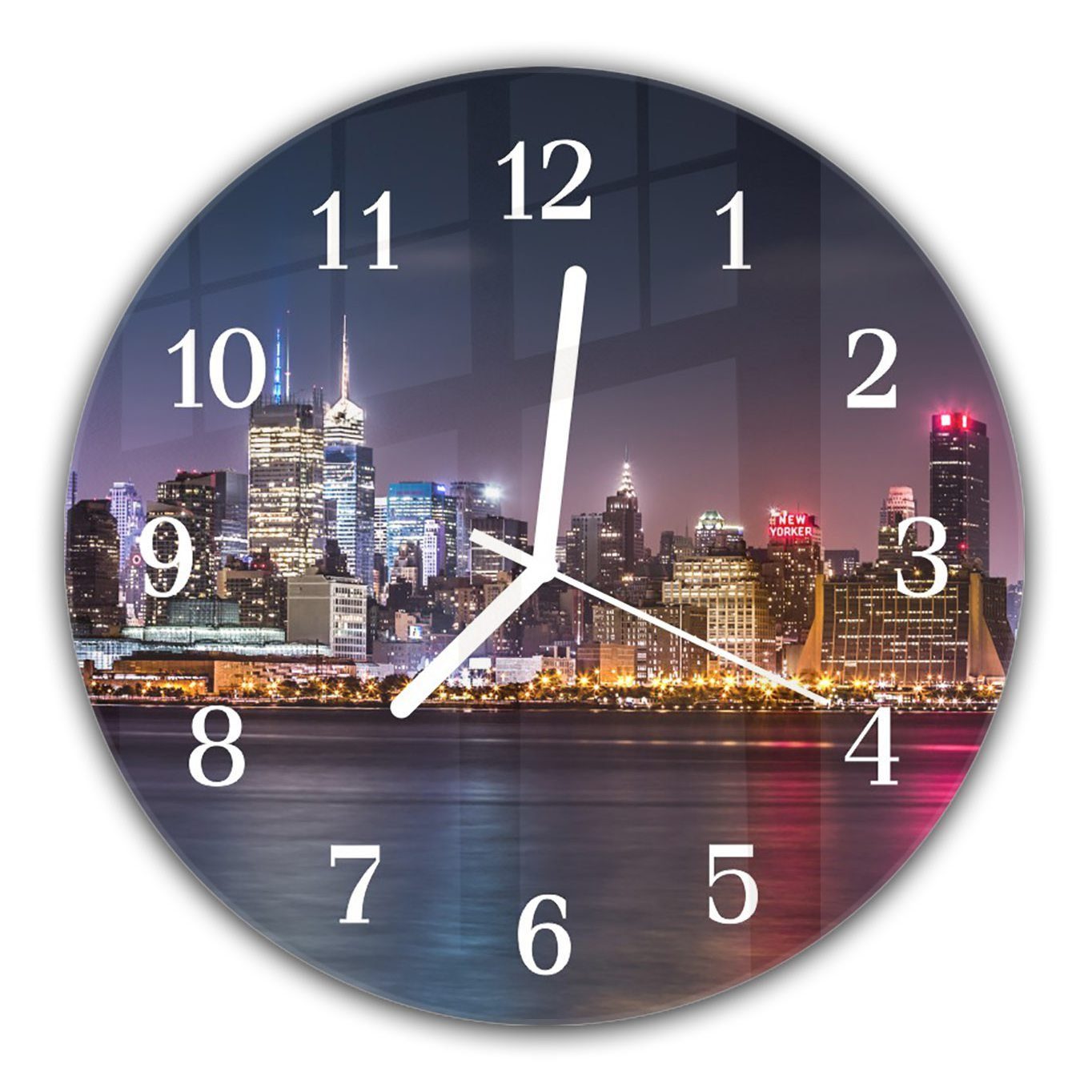 Primedeco Wanduhr Wanduhr aus Glas mit Motiv Panorama New York bei Nacht - Rund mit Durchmesser 30 cm und Quarzuhrwerk