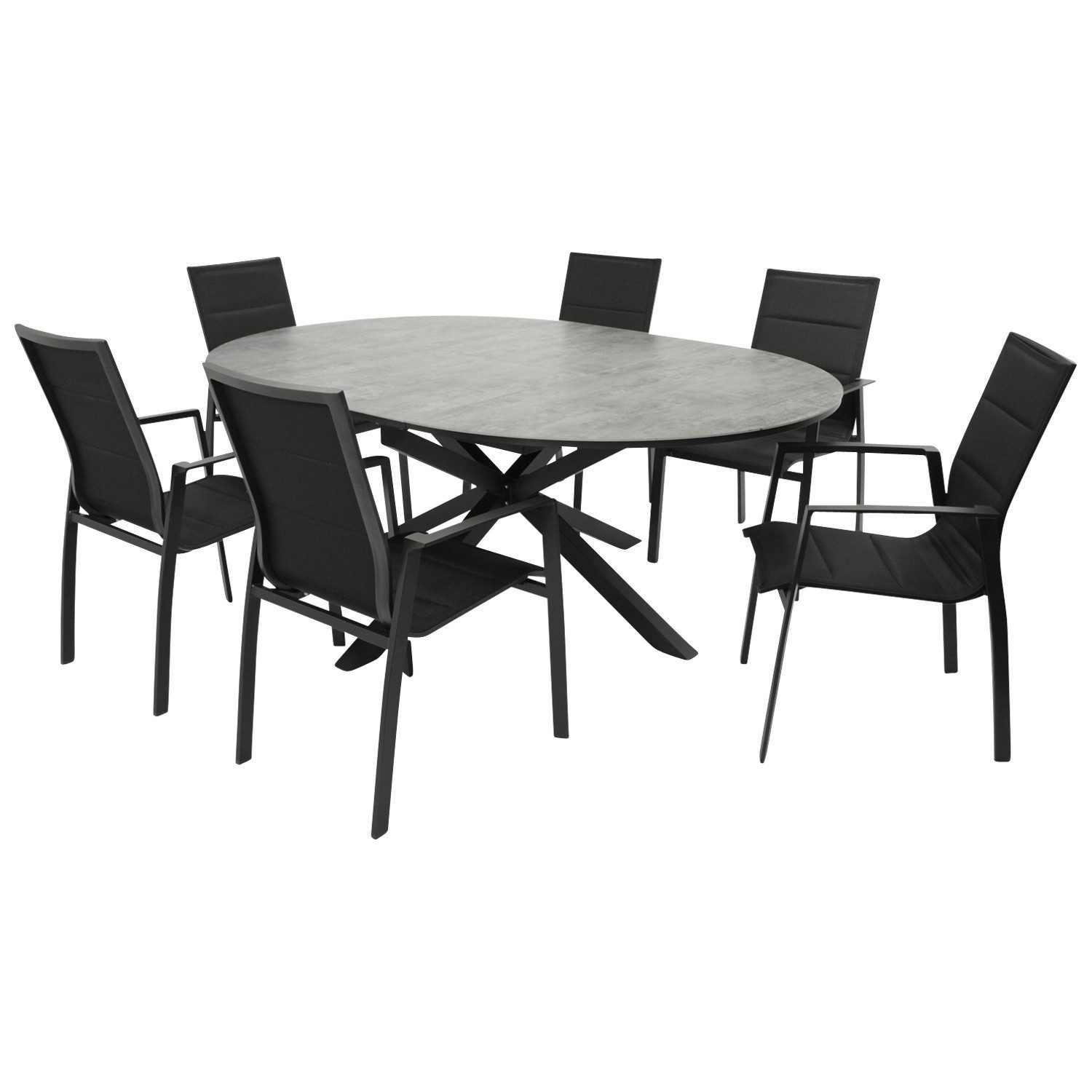 DEGAMO Garten-Essgruppe LYON, (7-tlg., 6 Sessel, 1x Tisch), Alu anthrazit, Stapelsessel, Tisch ausziehbar, Platte ECP Steinoptik