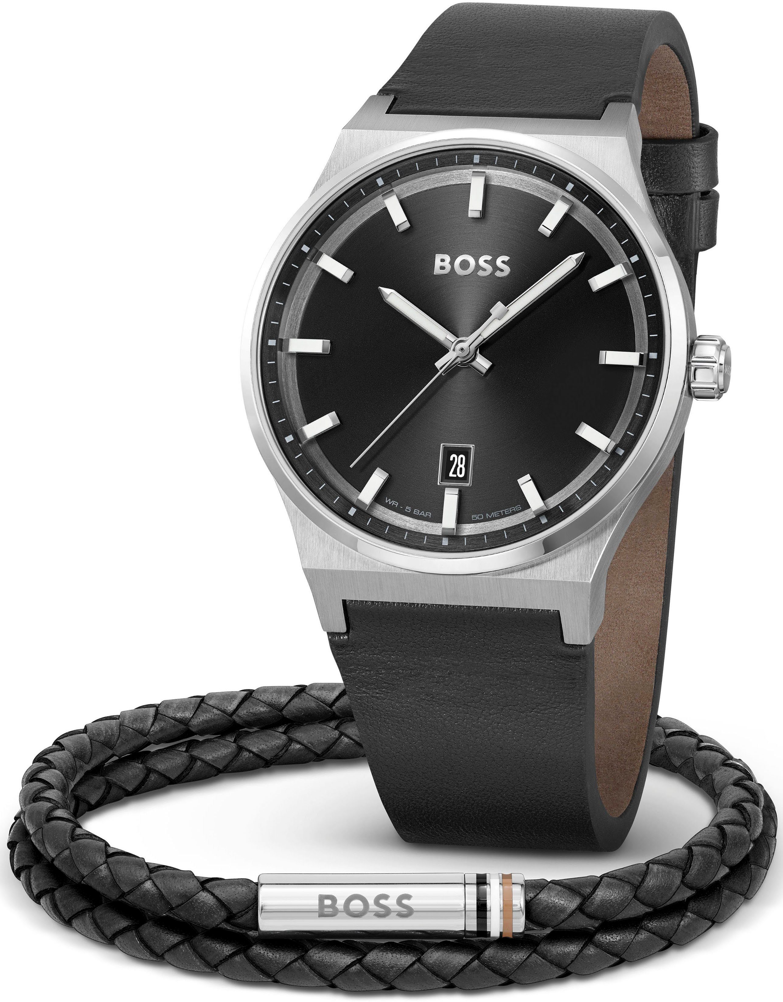 BOSS Quarzuhr 1570158, (Set, 2-tlg., mit Lederarmband), ideal auch als  Geschenk