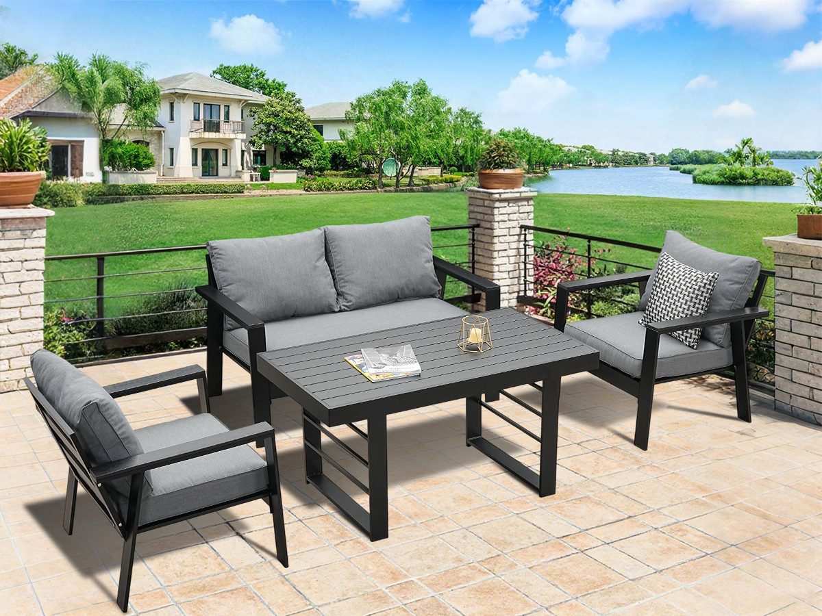 MeXo Gartenlounge-Set Gartenmöbel Set Aluminium 4 Personen bequeme Lehne, (Garten Essgruppe, 76 cm Extra breite Sitze mit Ergonomische Rückenlehnen, 4-tlg., Esstisch 130x66x66cm), wetterfest Balkonmöbel set, Dining Lounge, Tischplatte aus WPC