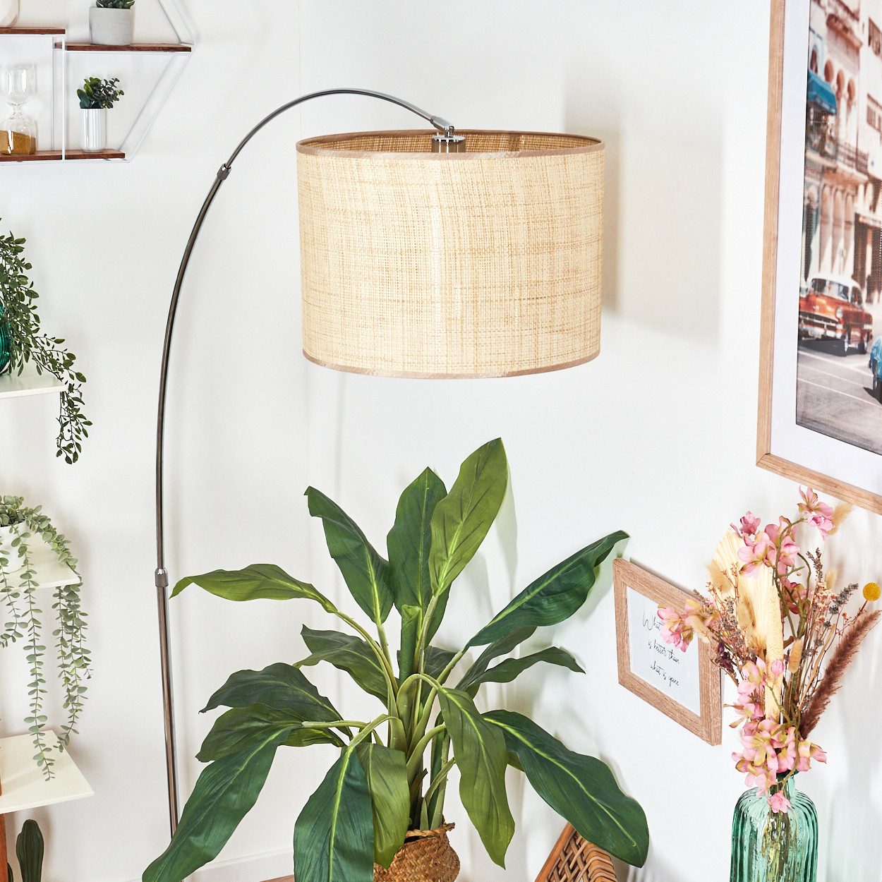 hofstein Bogenlampe Stehlampe aus Metall/Papiergeflecht in Schwarz/Chrom/Natur/Braun, verstellbare Stehleuchte mit Marmorfuß u.Fußschalter, Boho-Design, E27