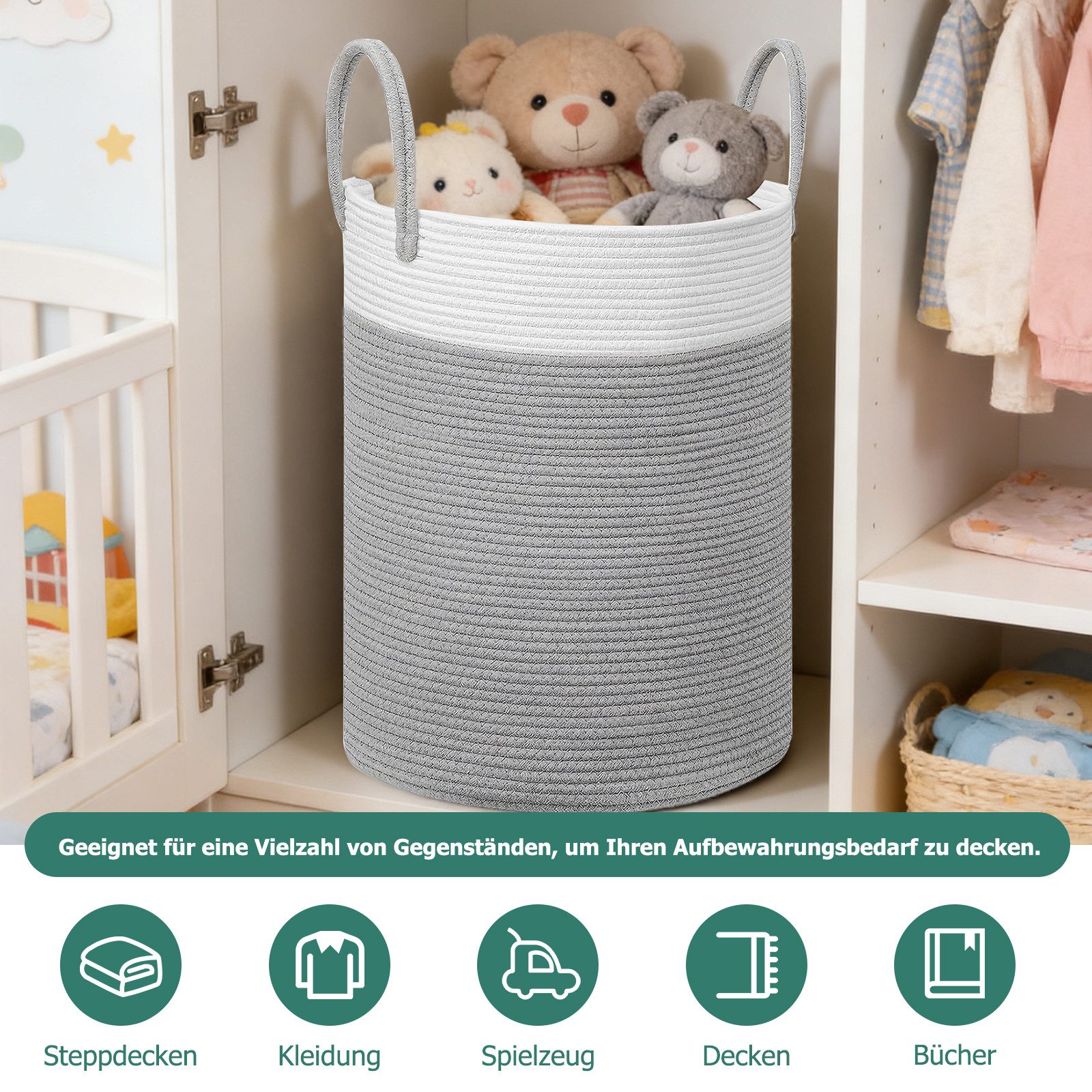 BlingBin Wäschekorb Geflochten Wäschesammler Aufbewahrungsbox Aufbewahrungskorb mit Henkel (1 Stück, 1 St., 38 X 50 cm,58 L), Wäschesammler Groß für Wäschekammer Kinderzimmer Wohnzimmer Bad