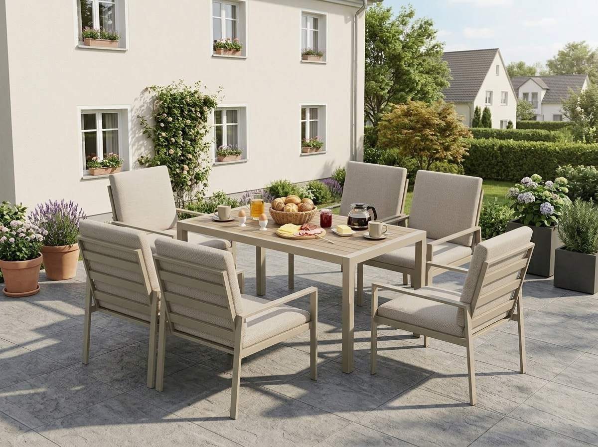 MeXo Gartenlounge-Set Gartenmöbel Set Aluminium Outdoor, (Garten-Essgruppe für 6 Personen, 7-tlg., mit Polywood Tisch & Auflagen), wetterfest für Terrasse & Garten