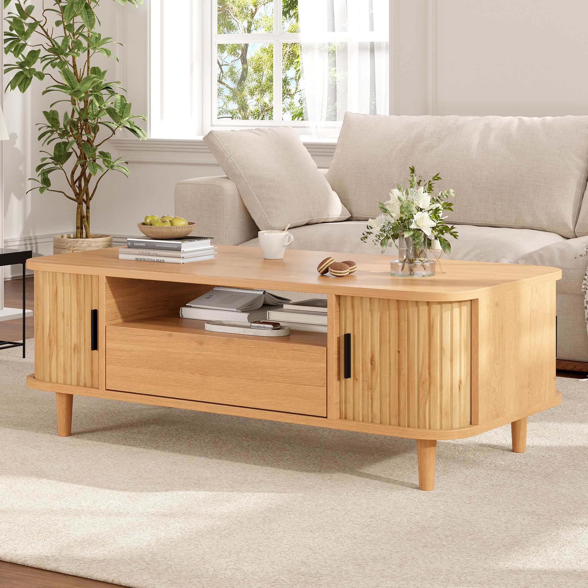 Merax Couchtisch mit 1 Schublade, 2 geriffelten Rollladentüren und offenem Fach (Kaffeetisch Sofatisch Beistelltisch in Holzoptik, 1-St., 100x50x35 cm), Wohnzimmertisch mit Holzbeine, vertikale Riffeloptik,abgerundete Ecken