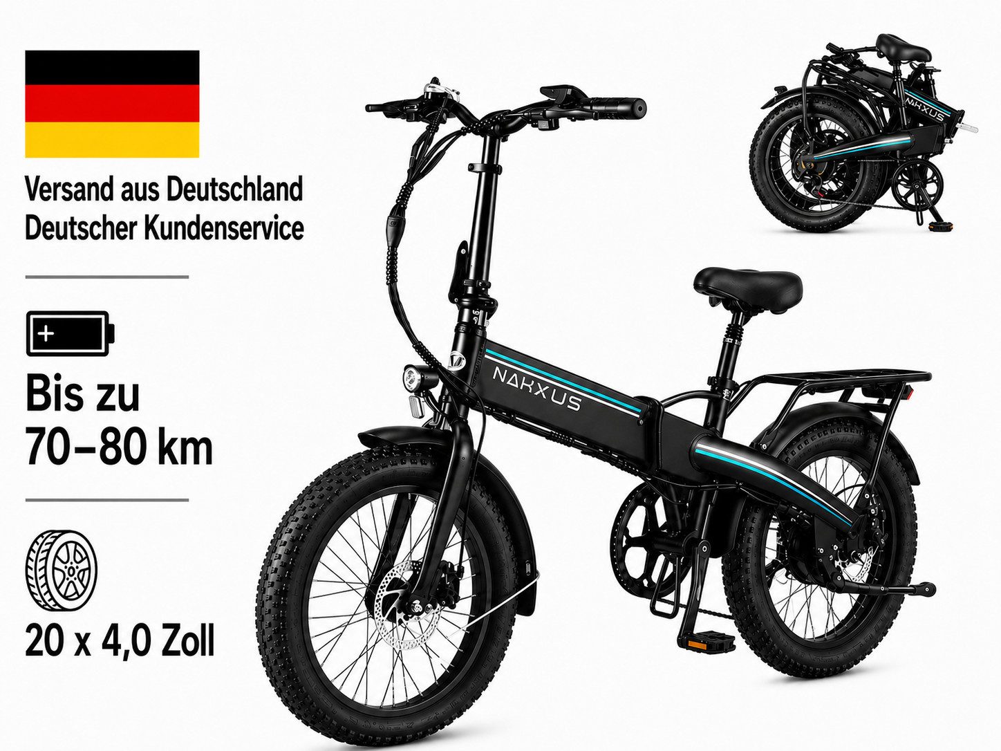 PIXAR E-Bike Klapprad 20 Zoll Fatbike Klapp-Elektrofahrrad, Shimano 7-Gang, City & Offroad, 7 Gang, Mittelmotor, 556,8 Wh