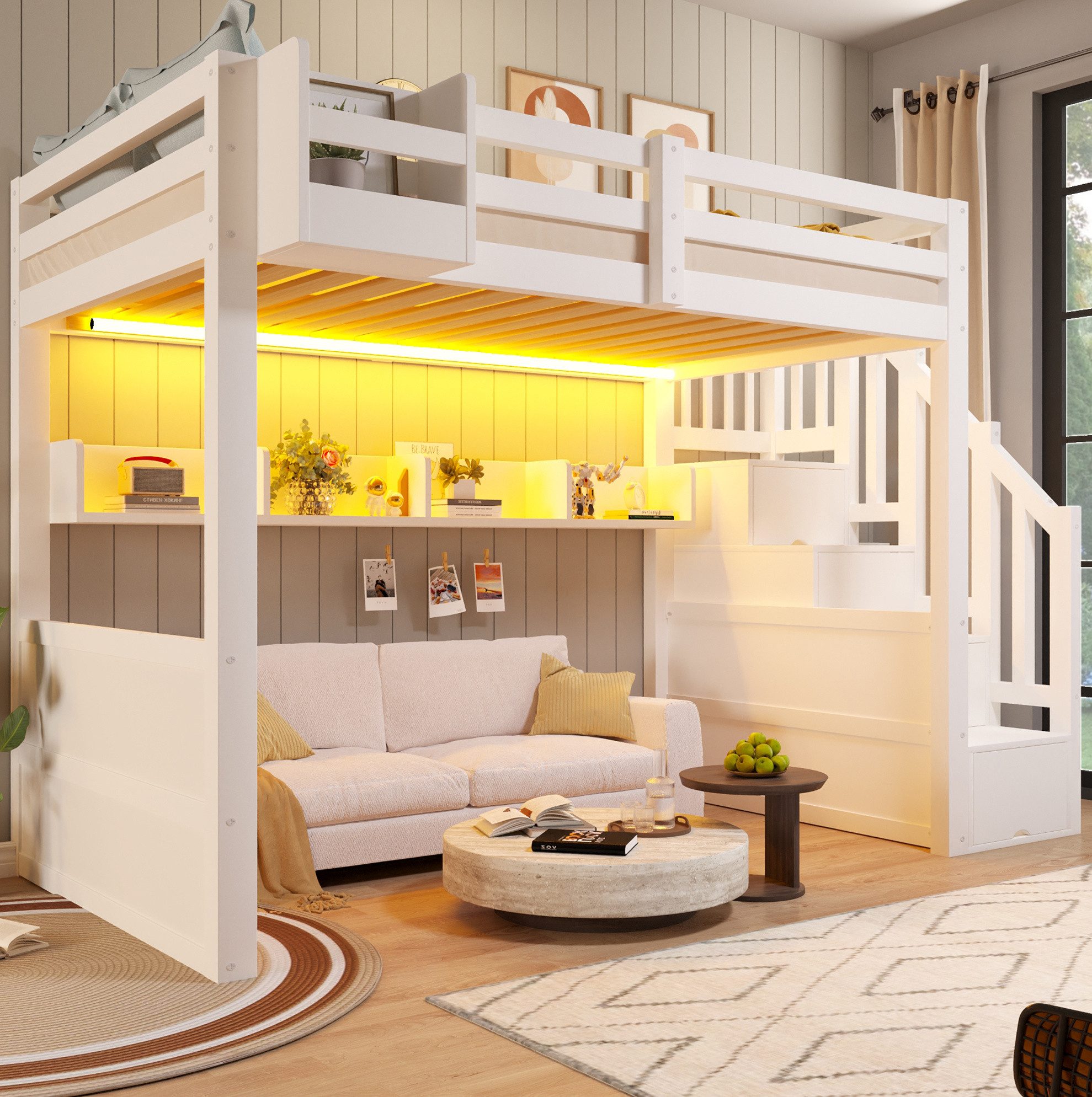 MODFU Hochbett Schlafplatz mit Treppe, Schrankelementen und viel Stauraum (Packung, 2-St., Robustes Holzgestell für platzsparende Raumgestaltung) 90x200 Kinderbett Weiß aus Holz mit LED Beleuchtung mit Matratze