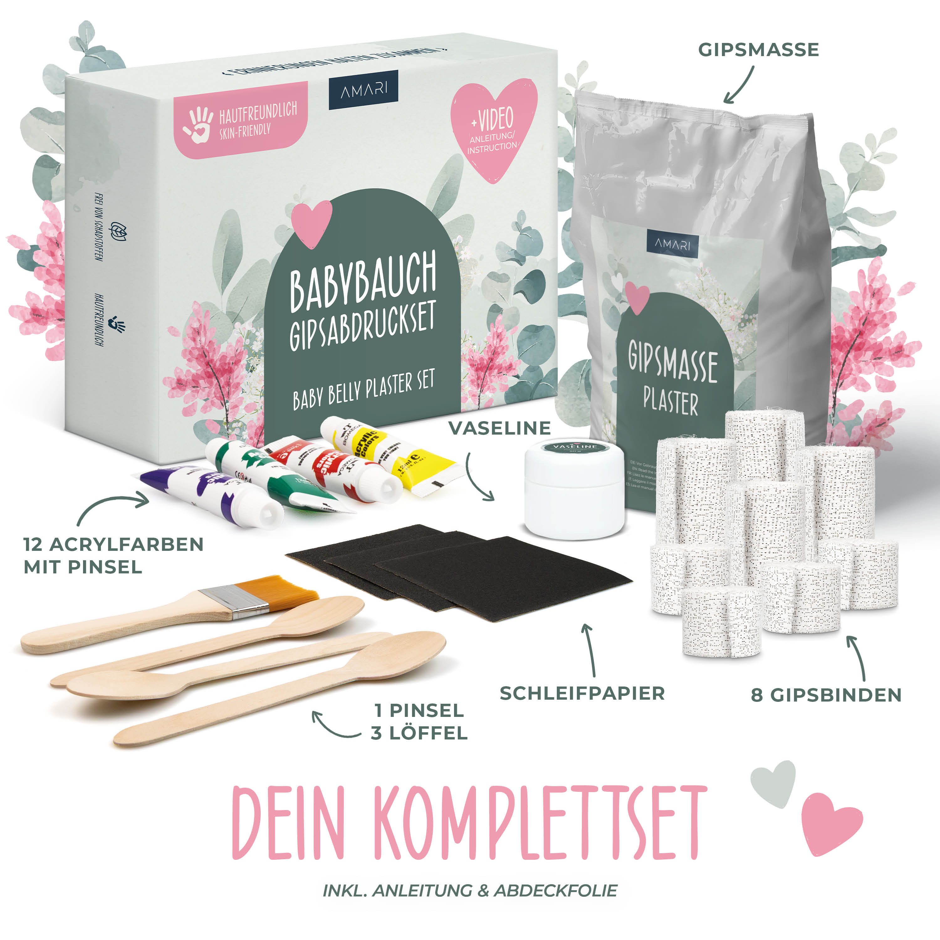 Amari Kreativset Gipsabdruck Babybauch Set - Geschenk Schwangerschaft als Erinnerung, (DIY Gipsabdruck Set), Komplettes Set für einen Babybauch Abdruck