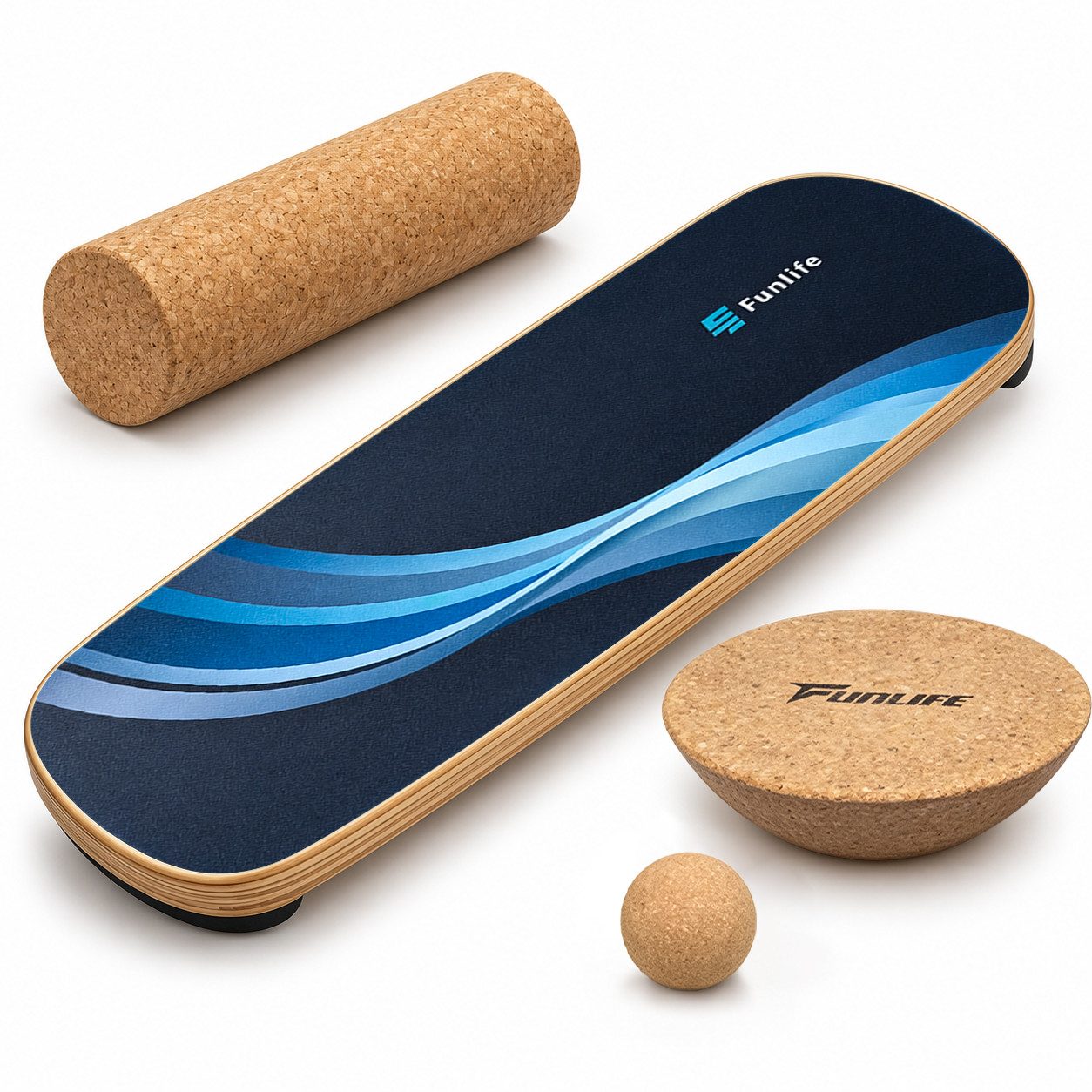 FunLife Balanceboard Design-Edition – einzeln, mit Fitnessbändern oder Balance-Zubehör, Wackelbrett aus Birkenholz mit Korkrolle, bis 150 kg belastbar
