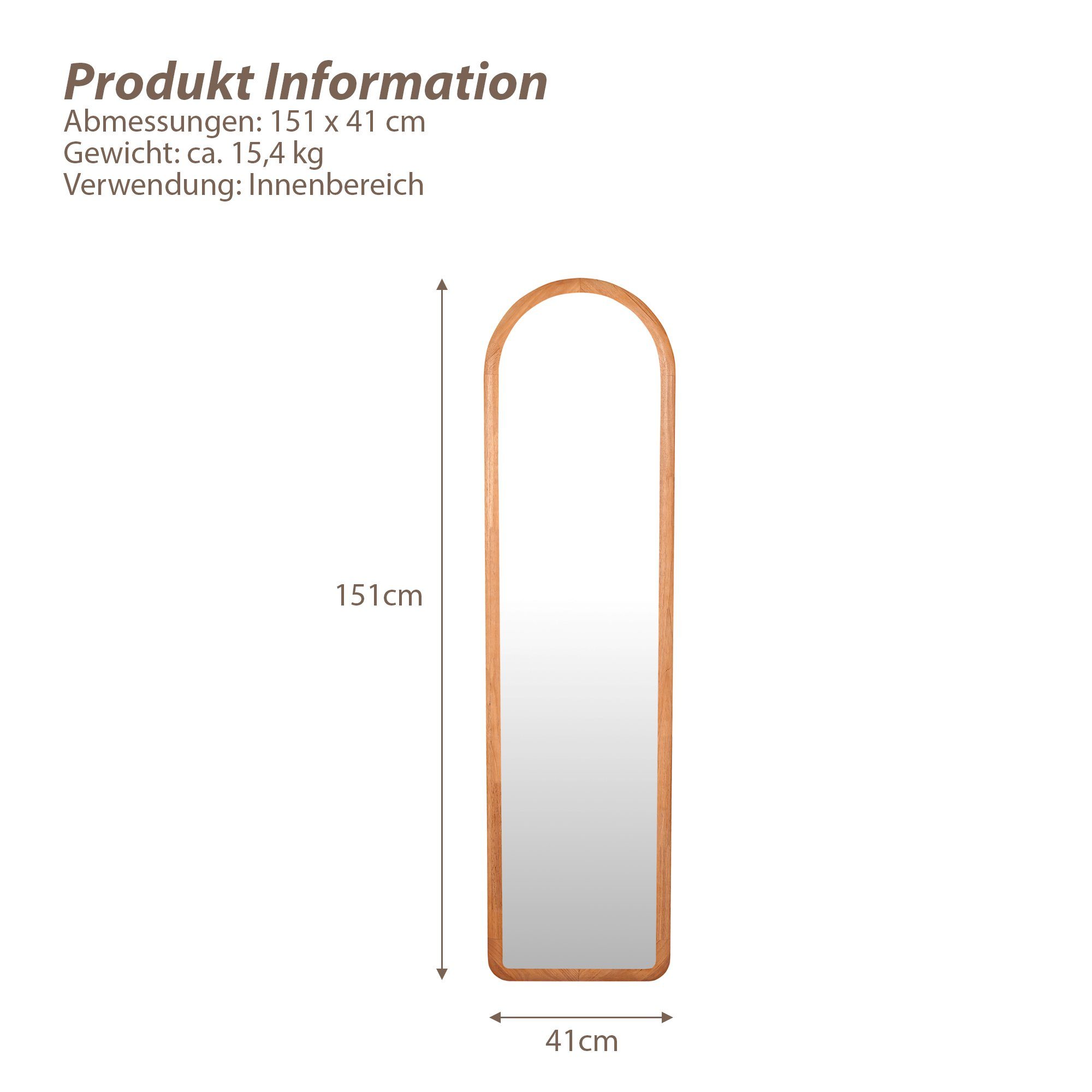 Standspiegel Wandspiegel (1-St) HomeGuru mit Standfuß, Massivholz aus Gebogener Ganzkörperspiegel