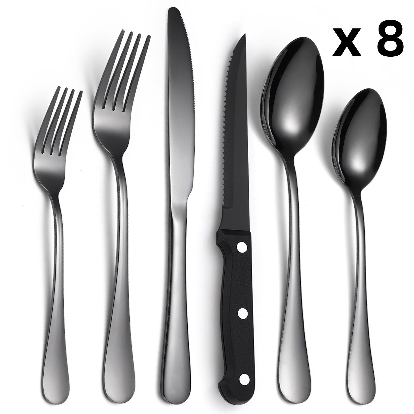 REDOM Besteck-Set Essbesteck Set 48 teilig Essbesteck Sets Besteck 8 Personen Edelstahl, inkl. 16 Messer 16 Löffel 16 Gabeln Spülmaschinenfest poliert Schwarz