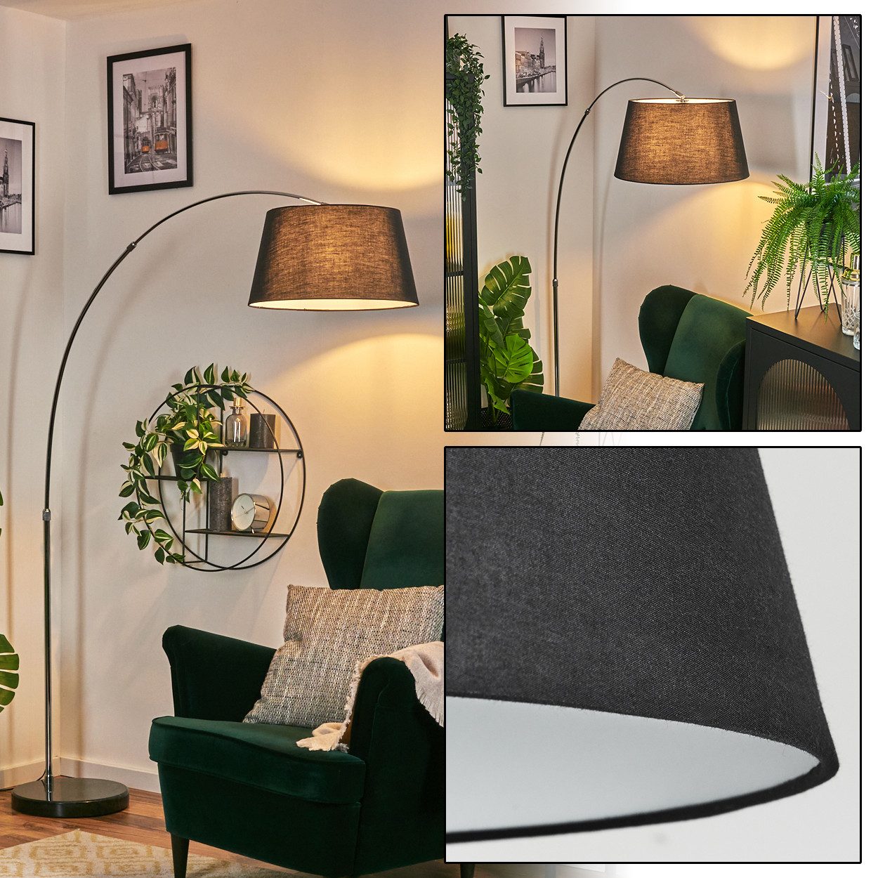 hofstein Bogenlampe Stehlampe mit Marmorfuß aus Metall/Stoff in Schwarz/Chromfarben/Weiß, verstellbare Stehleuchte im modernen Design mit Fußschalter, E27