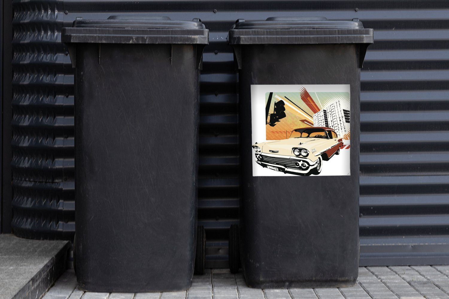 einer (1 Mülltonne, Container, Mülleimer-aufkleber, eines Abfalbehälter MuchoWow St), Oldtimers Sticker, in Wandsticker Stadt Illustration