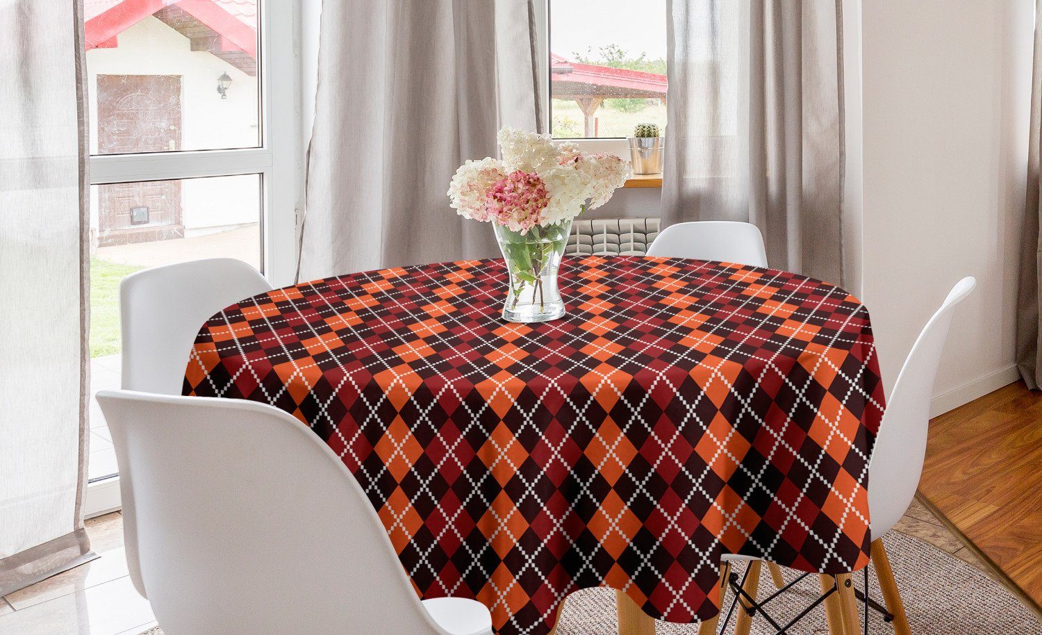 Abakuhaus Tischdecke Kreis Tischdecke Abdeckung für Esszimmer Küche Dekoration, Rot und Braun Herbst Scottish Argyle