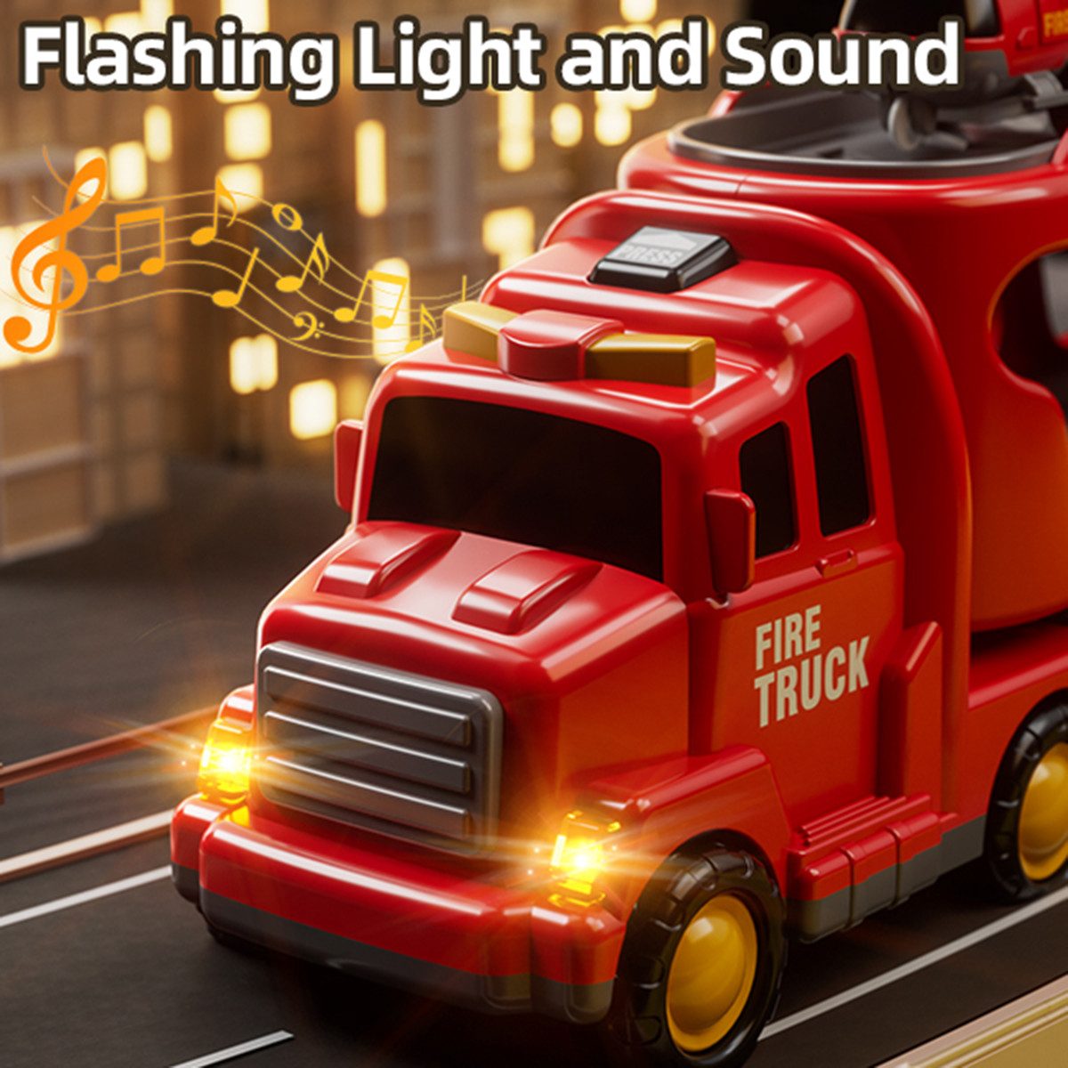 TEMI Toy Car 7 Pack Carrier Truck Transport City Vehicles Toy, (Set includes 1 Transport Handcart, 6 Small Fire Trucks), Made in China