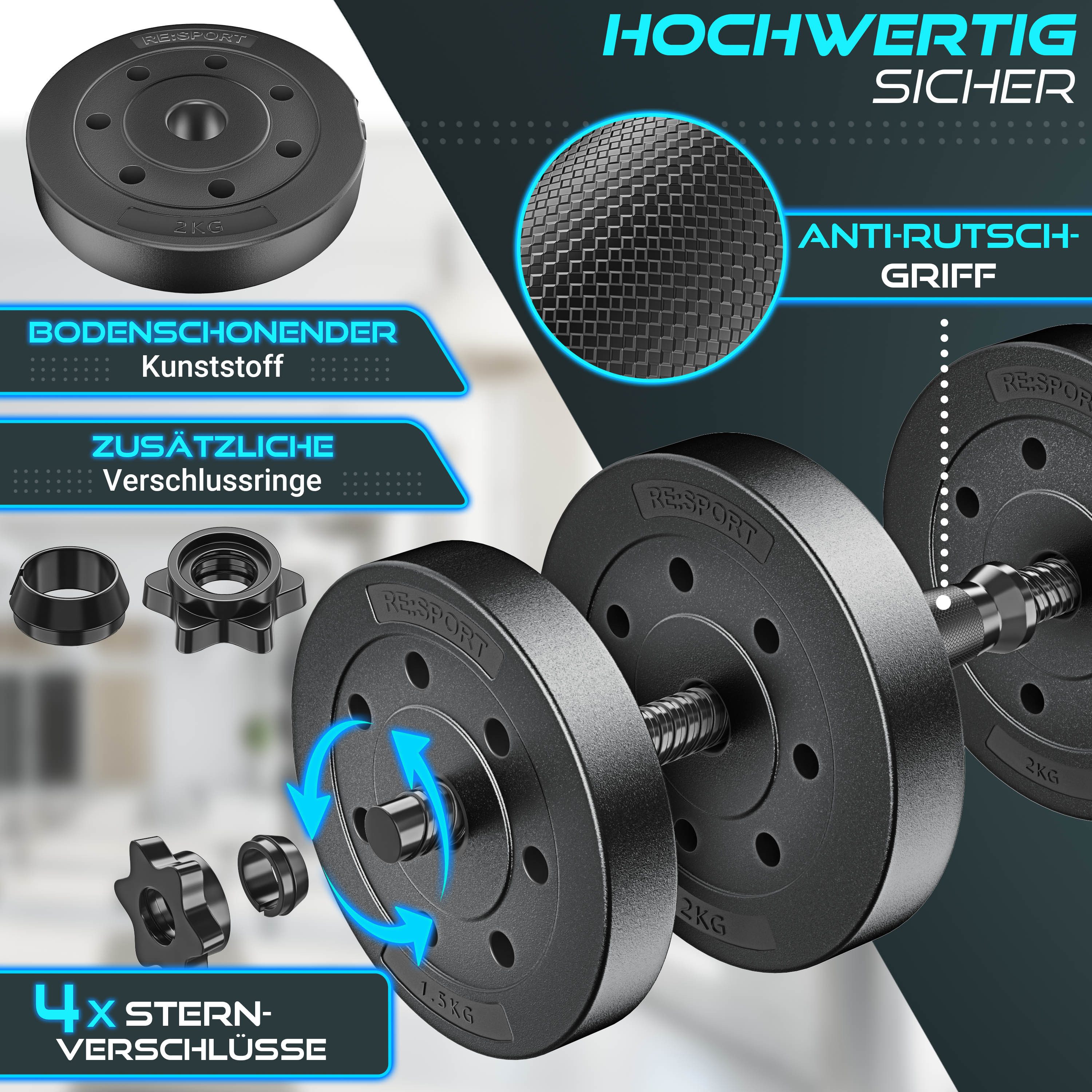 RE:SPORT Hantel RE:SPORT® Kurzhantel Set 15 - 40 kg Hantelset Hantel Krafttraining, (für Muskelaufbau, Workout & Zuhause, mit Gewichten & 4 Sternverschlüsse Fitness Kurzhantel), Hanteln Set verstellbar mit 2 Kurzhanteln Hantel