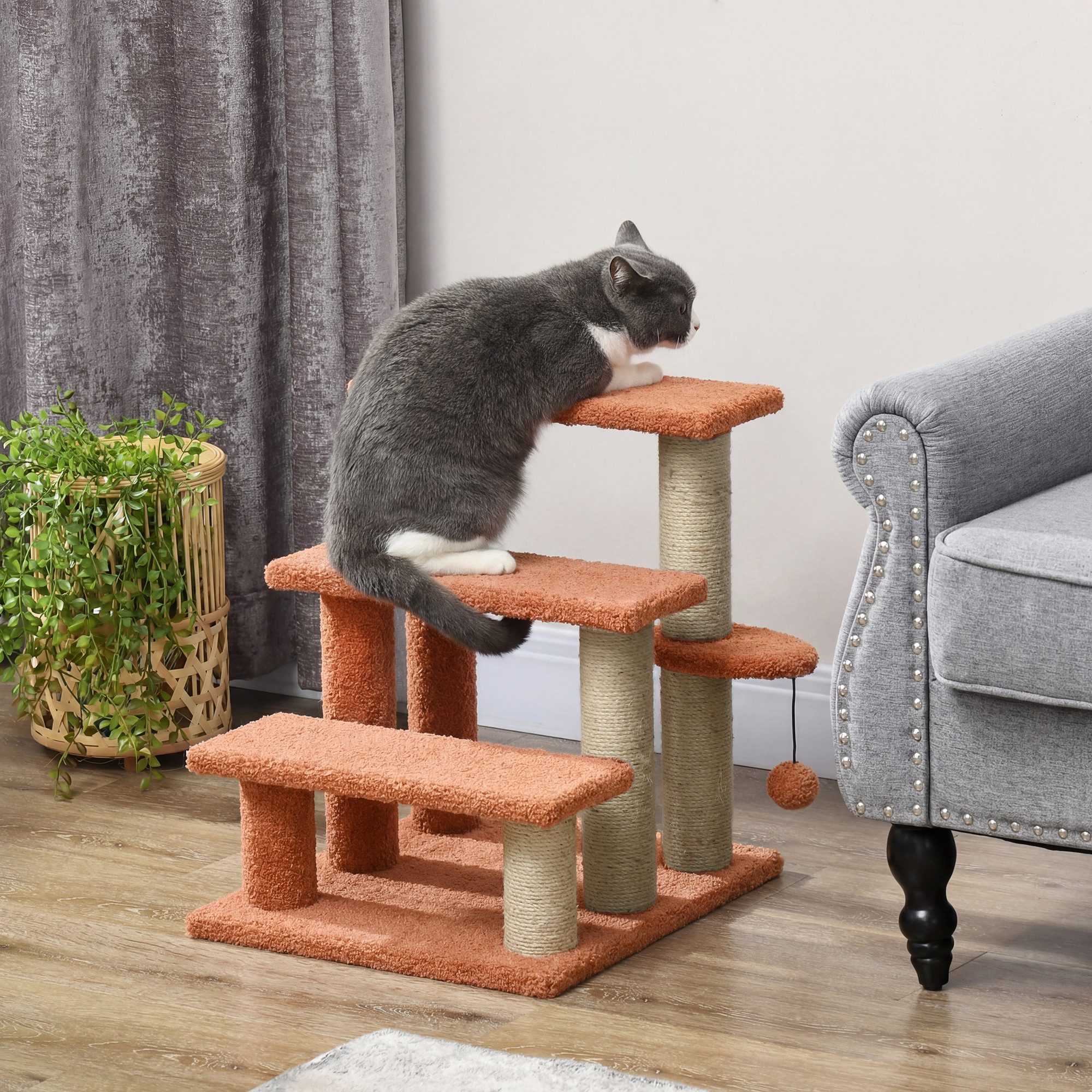 furnicato Katzen-Kletterwand Haustiertreppe Braun 45L x 40B x 48H cm mit Spielball, Katzentreppe mit Kratzstamm, Plüschbezug und integrierter Plattform