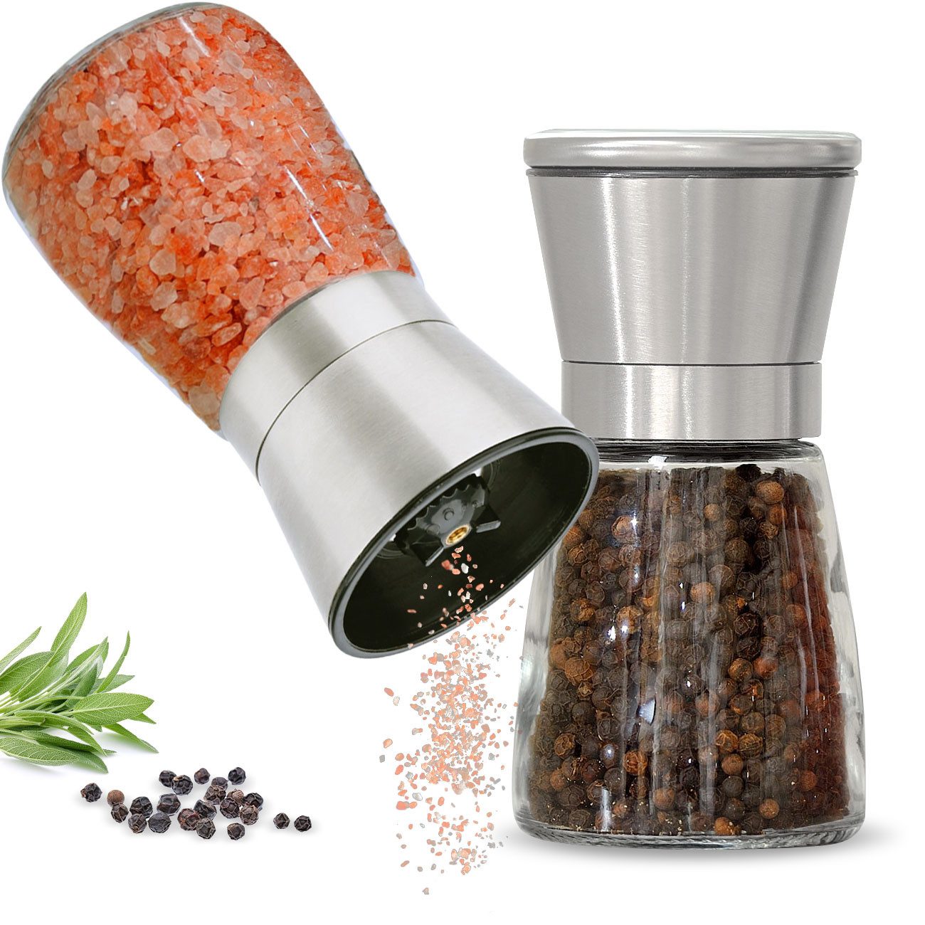 Casativo Salz-/Pfeffermühle Salz- & Pfeffermühle mit Keramik-Mahlwerk einstellbar 160ml Ø13,2 cm Handbetrieb, (1 Stück), Aromaschutzdeckel/stufenlose Mahlgradeinstellung/Ø6,6 x H13,2 cm