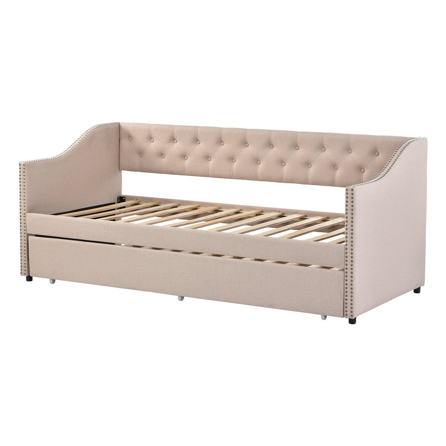 Daybett (Polsterbett mit Ausziehbarem Unterbett und Lattenrost), Schlafsofa Kinderbett Gästebett 90x200cm, Leinen