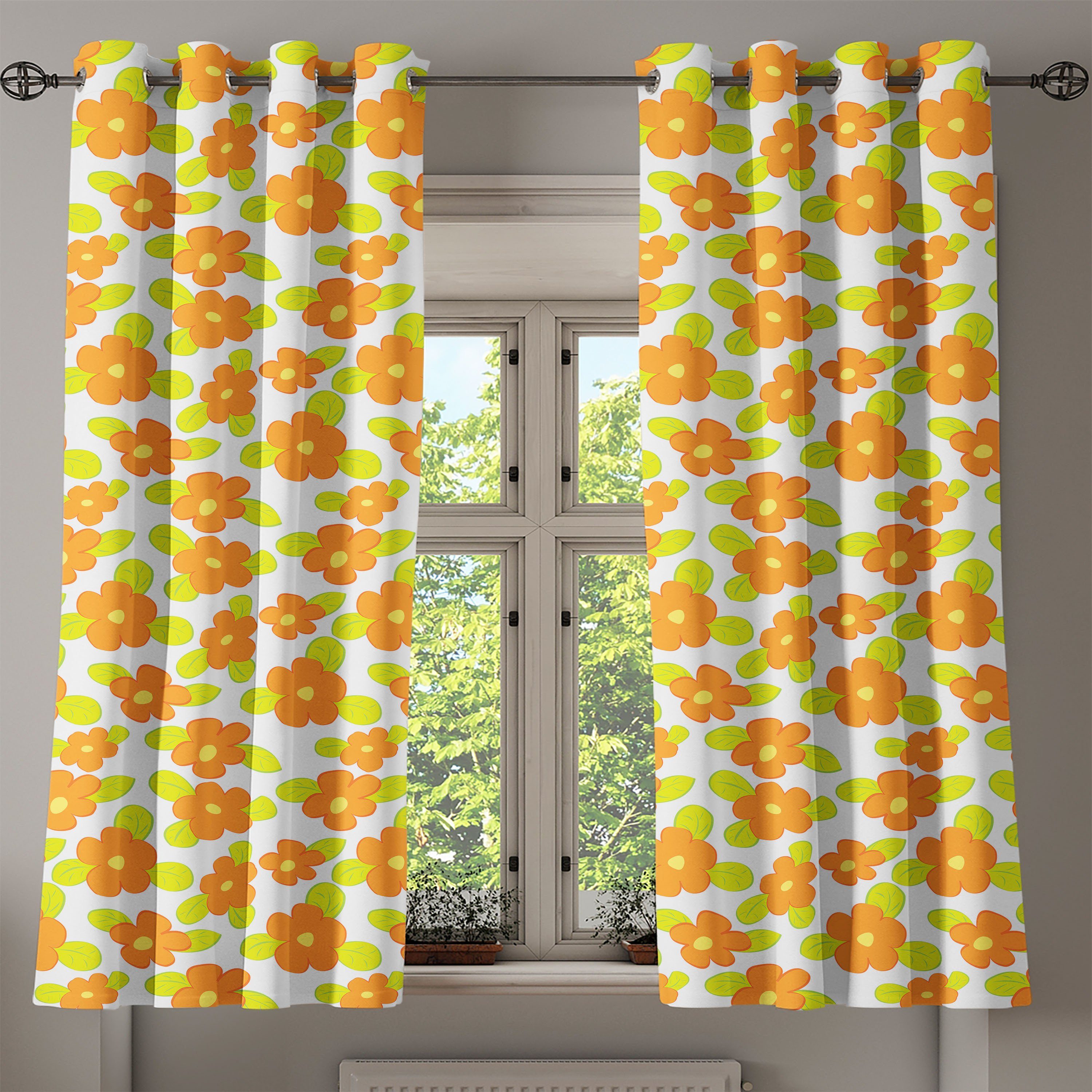 Orange Dekorative Kind-Mädchen-Doodle 2-Panel-Fenstervorhänge Gardine Wohnzimmer, Floral Abakuhaus, für Schlafzimmer