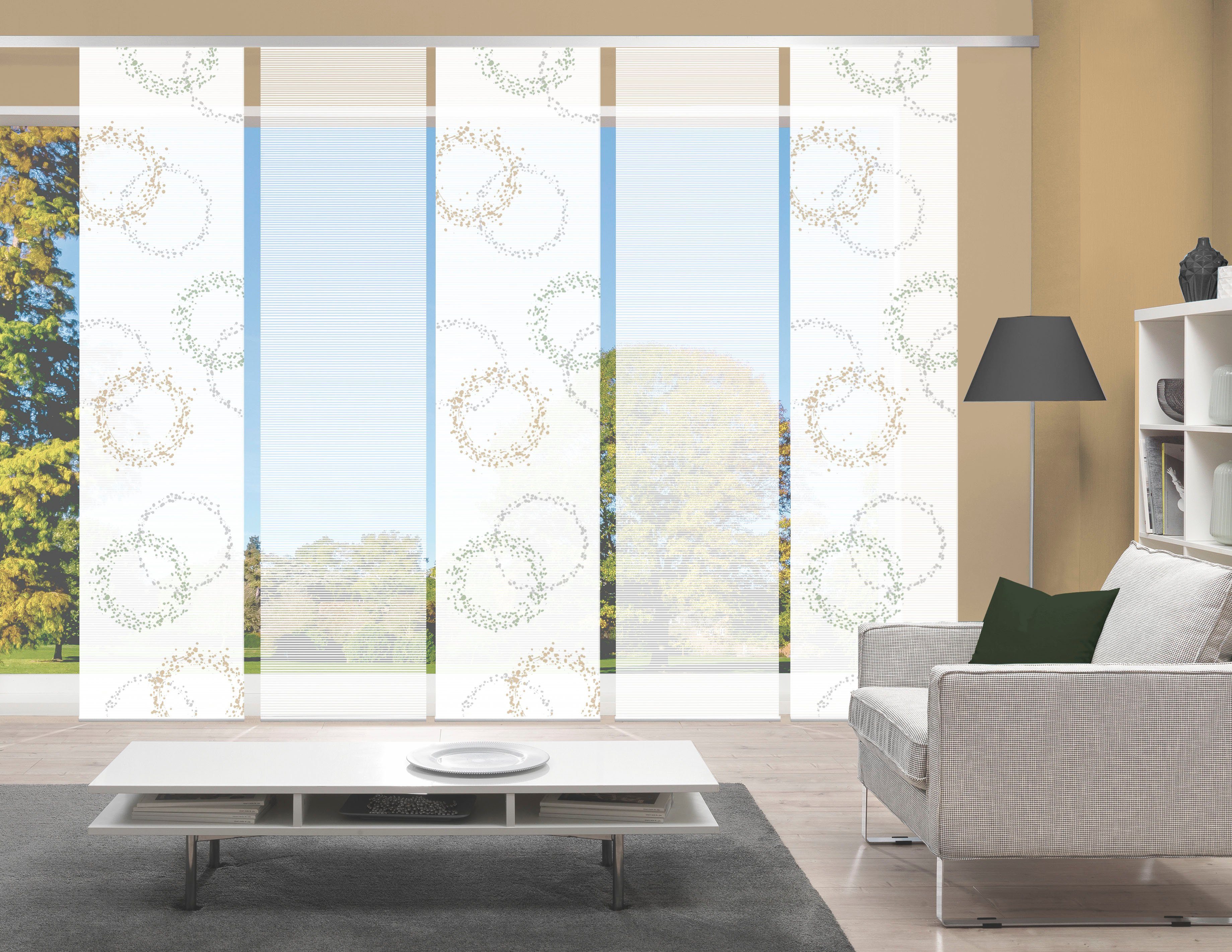 Vision S Schiebegardine AINUR 5er SET (5 St), Paneelwagen, halbtransparent, Schiebevorhang Digidruck 5er Set AINUR