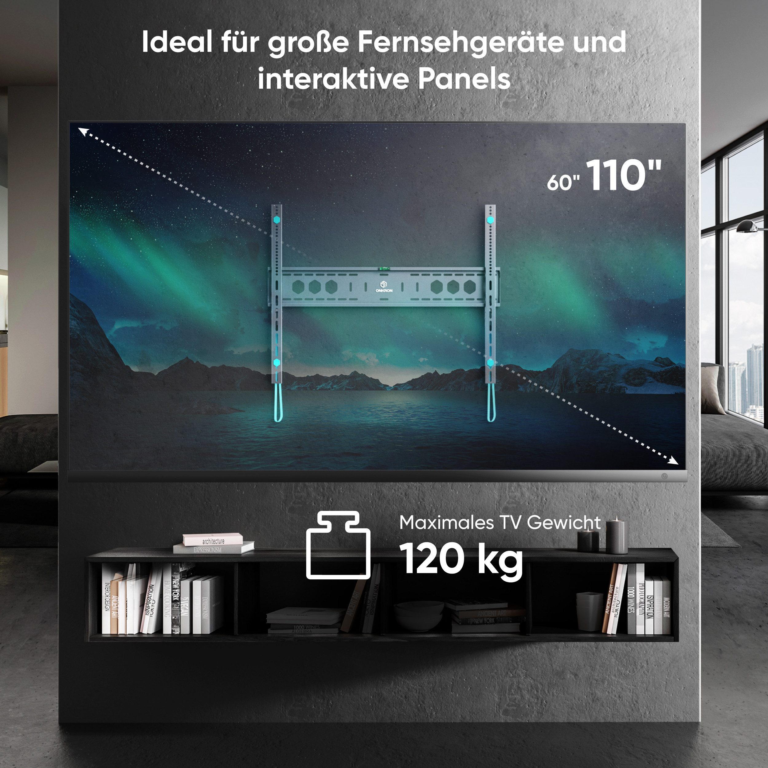 ONKRON TV-Wandhalterung 60-110 Zoll, bis 120 kg, VESA 200x200-900x600, UF12-B, (bis 110,00 Zoll, fest, flach, ultra slim, starr, Click’n’Pull-System)