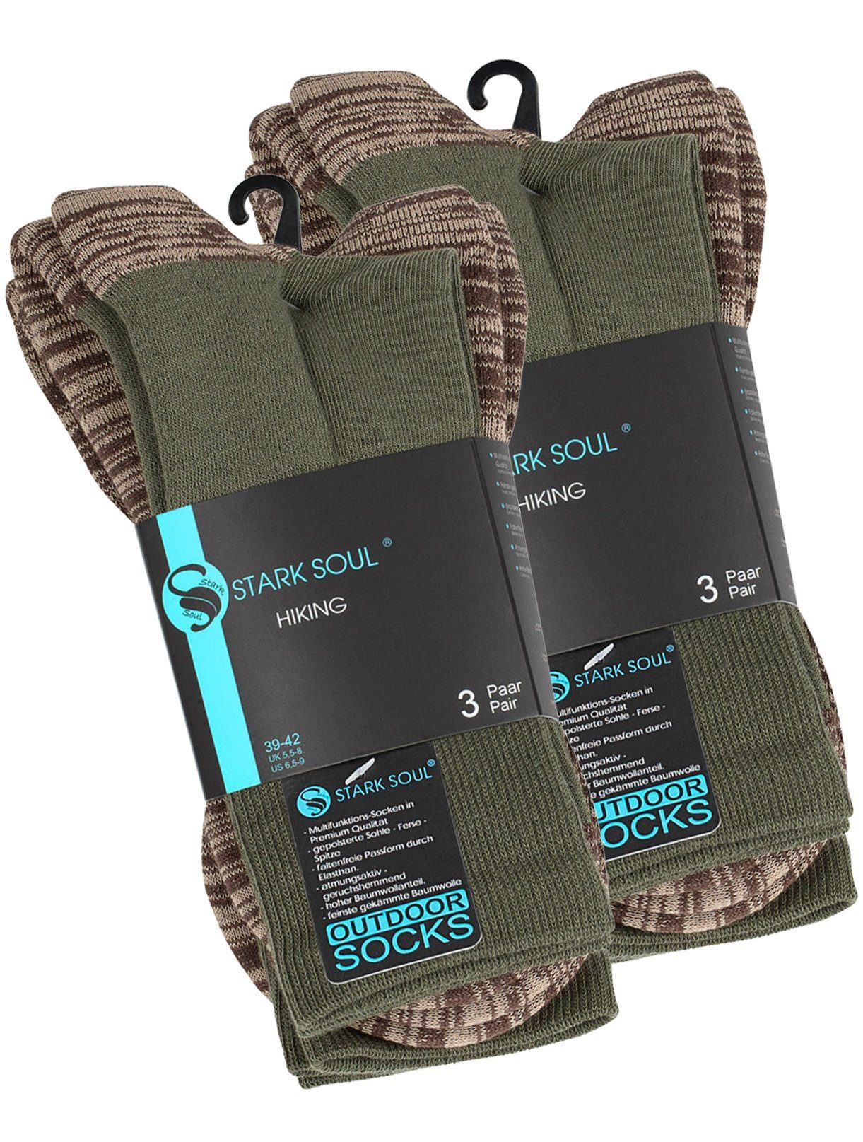 6 Stark Outdoor.-& Spezialpolsterung, Unisex Soul® Funktionssocken Paar mit Multifunktionssocken, Olive-Grün Trekkingsocken,