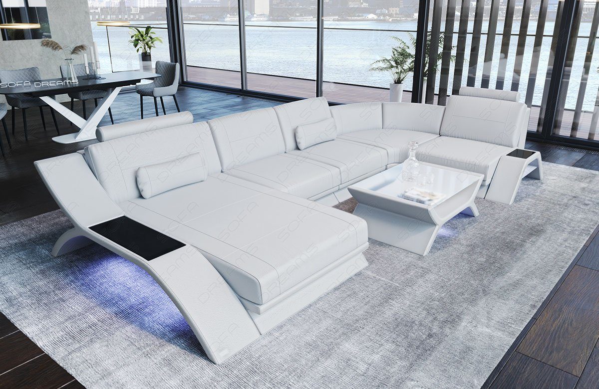 Sofa Dreams Wohnlandschaft Sofa Leder Calabria U Form Ledersofa, Couch, mit LED Beleuchtung, USB Anschluss und Multifunktions-Console