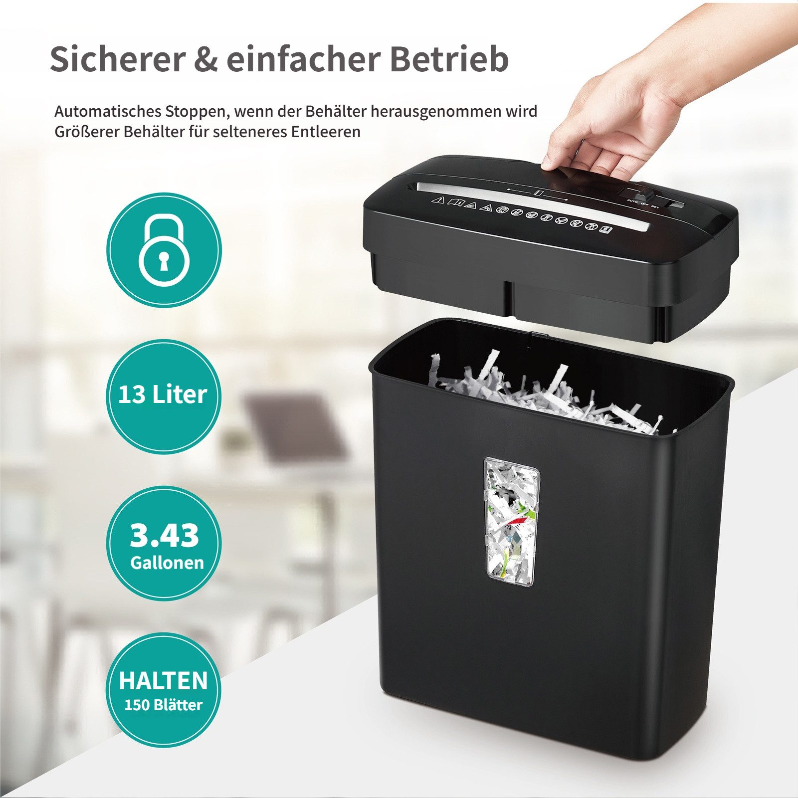 Tekoo Aktenvernichter Aktenvernichter P4 Partikelschnitt für Büro & Home-Office, 13 Liter, Sicherheitsstufe P-4, Partikelschnitt 4x39mm, 5 Blatt, 13L Volumen