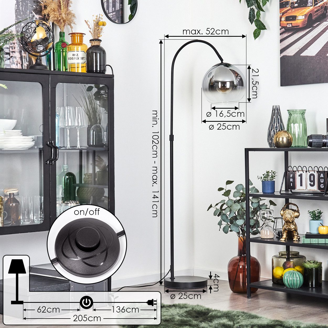 hofstein Bogenlampe Stehlampe aus Metall/Glas in Schwarz/Chrom/Rauch/Klar, ohne Leuchtmittel, Industrial-Design Leuchte m. Glasschirm (25cm) u. Fußschalter, 1xE – Bild 4 von 5